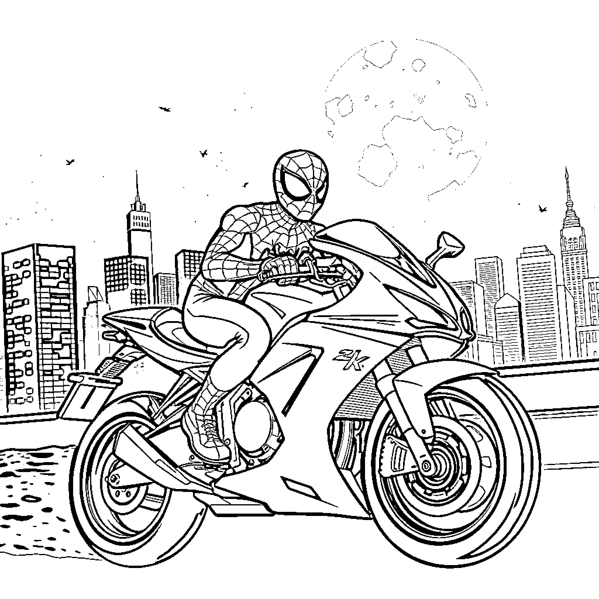 Spiderman riding a motorcycle through the city Coloring Page (free black-and-white line drawing printable PDF for all, from beginners to advanced learners, including children, teens, adults, and seniors)