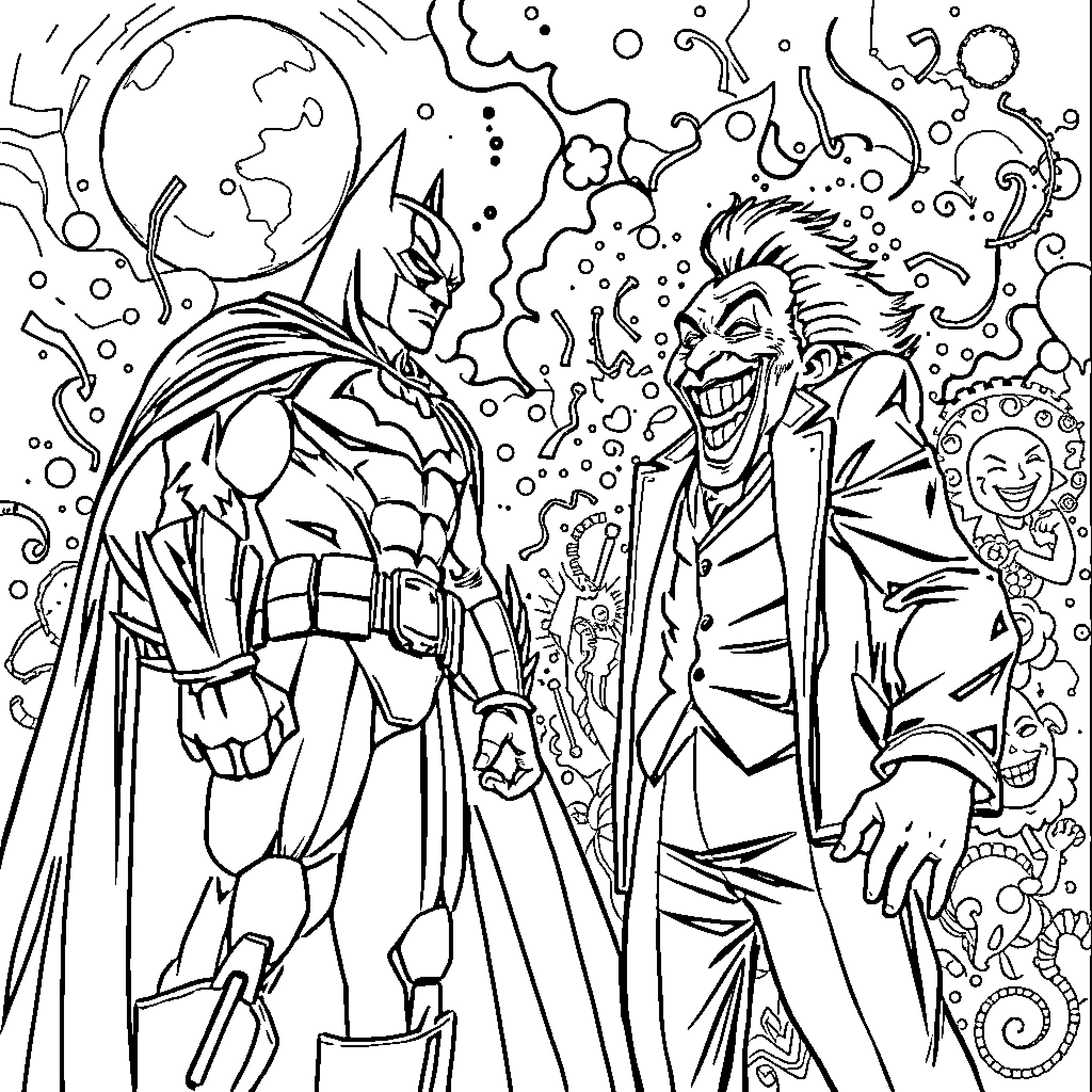 Joker and Batman in an intense confrontation Coloring Page (free black-and-white line drawing printable PDF for all, from beginners to advanced learners, including children, teens, adults, and seniors)
