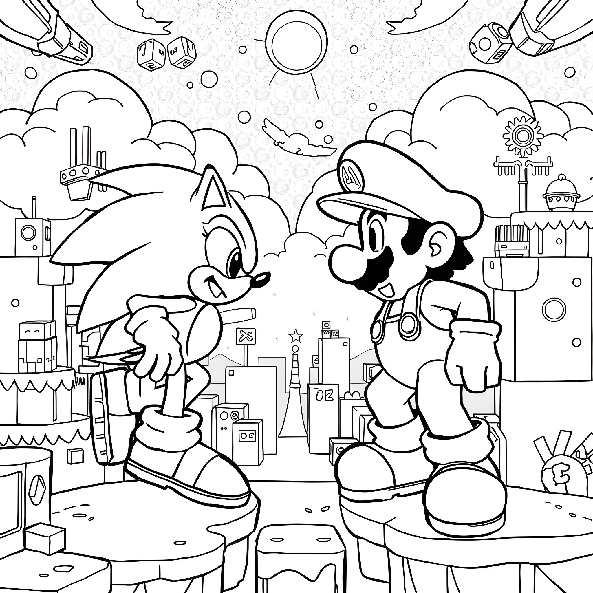 Sonic and Mario's Playful Adventure in the City Coloring Page (free black-and-white line drawing printable PDF for all, from beginners to advanced learners, including children, teens, adults, and seniors)