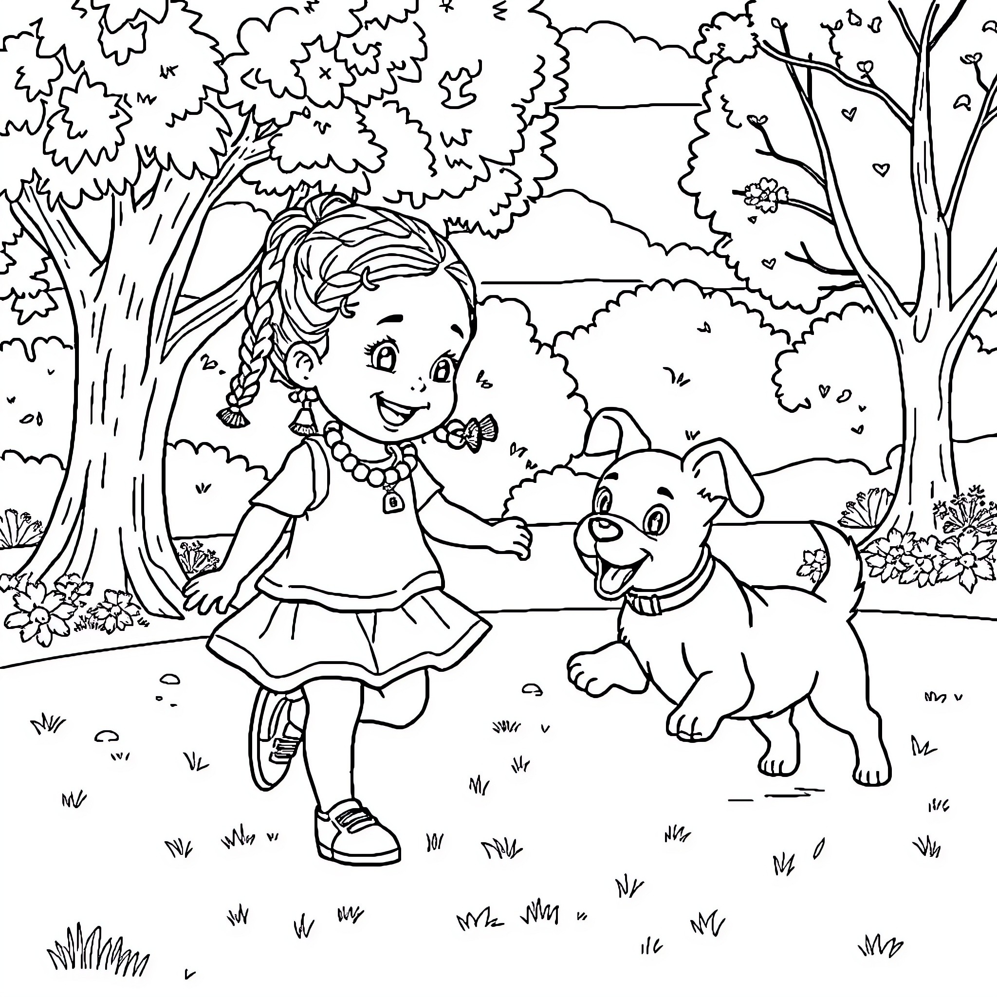 Girl playing with puppy in the park Coloring Page (free black-and-white line drawing printable PDF for all, from beginners to advanced learners, including children, teens, adults, and seniors)