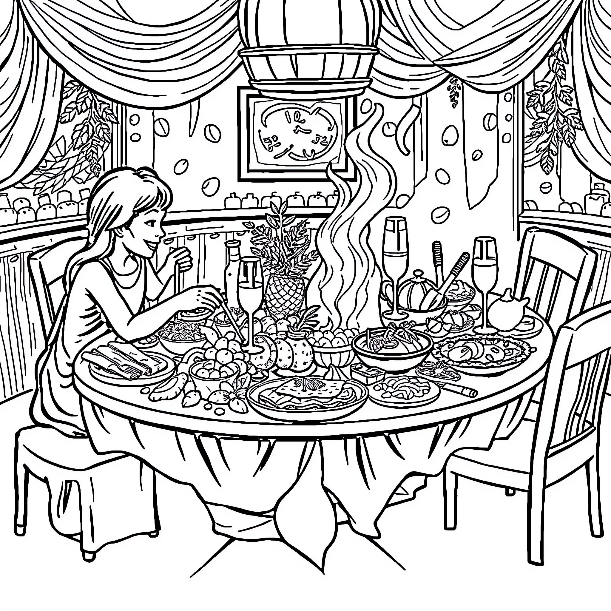 Dinner with a Festive Spread Coloring Page (free black-and-white line drawing printable PDF for all, from beginners to advanced learners, including children, teens, adults, and seniors)