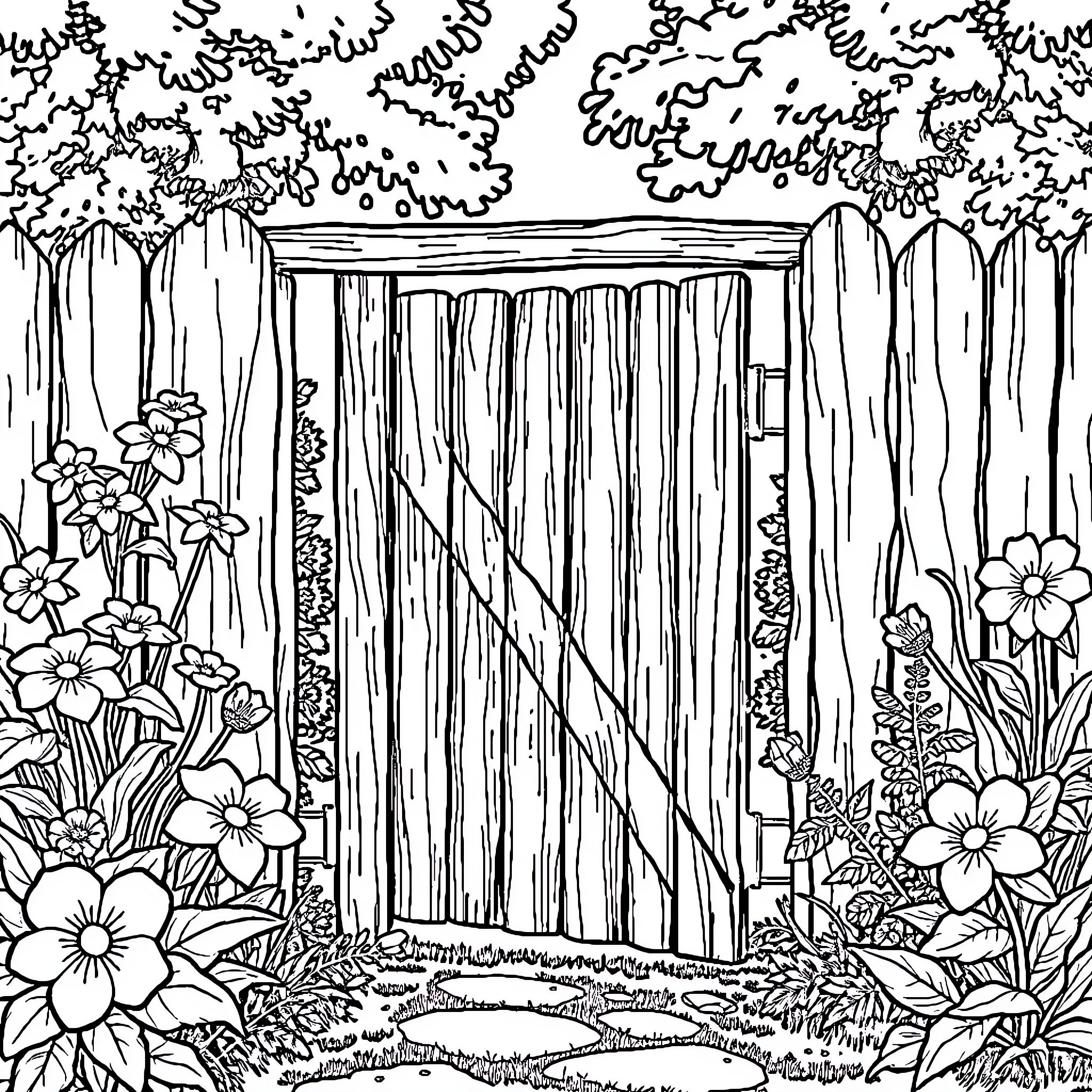 Garden Gate Leading to a Flower-Filled Forest Coloring Page (free black-and-white line drawing printable PDF for all, from beginners to advanced learners, including children, teens, adults, and seniors)