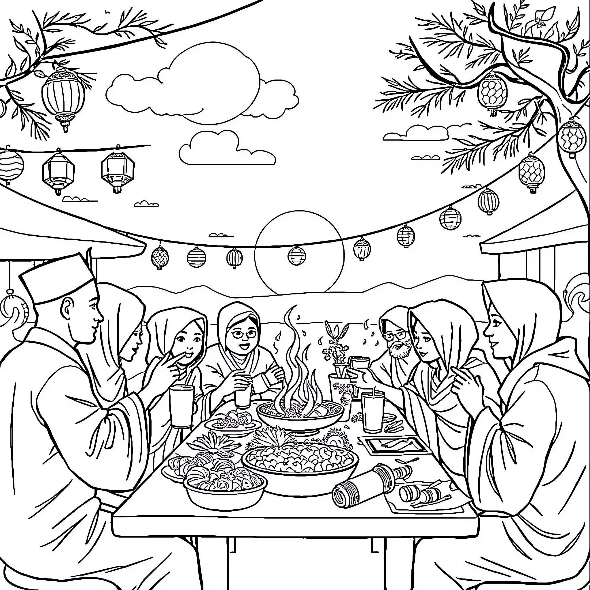 Tung Tung's Family Gathering in the Moonlit Garden Coloring Page (free black-and-white line drawing printable PDF for all, from beginners to advanced learners, including children, teens, adults, and seniors)