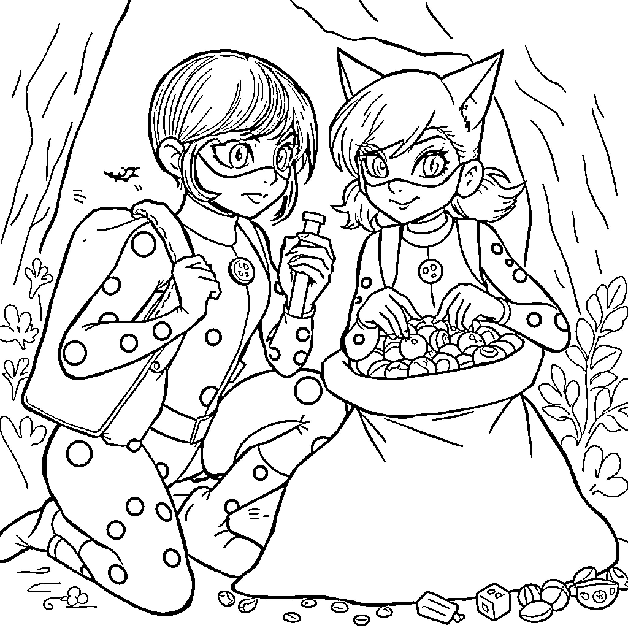 Ladybug friends explore nature's wonders Coloring Page (free black-and-white line drawing printable PDF for all, from beginners to advanced learners, including children, teens, adults, and seniors)