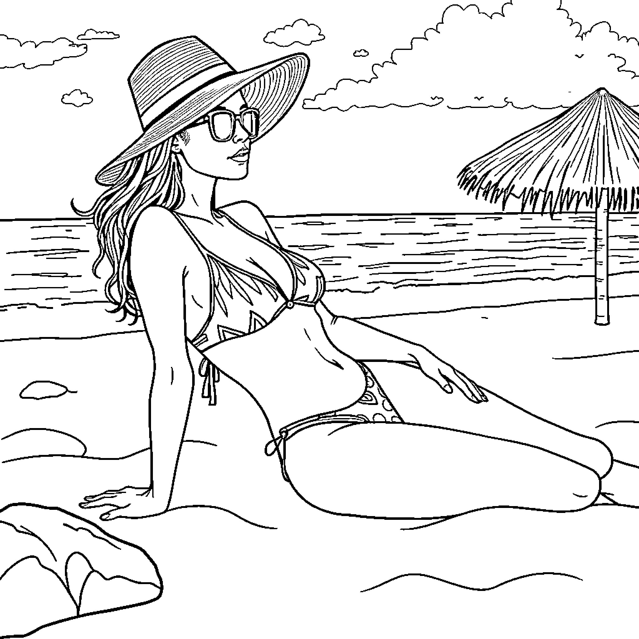 Lady relaxing on the beach in the sun Coloring Page (free black-and-white line drawing printable PDF for all, from beginners to advanced learners, including children, teens, adults, and seniors)
