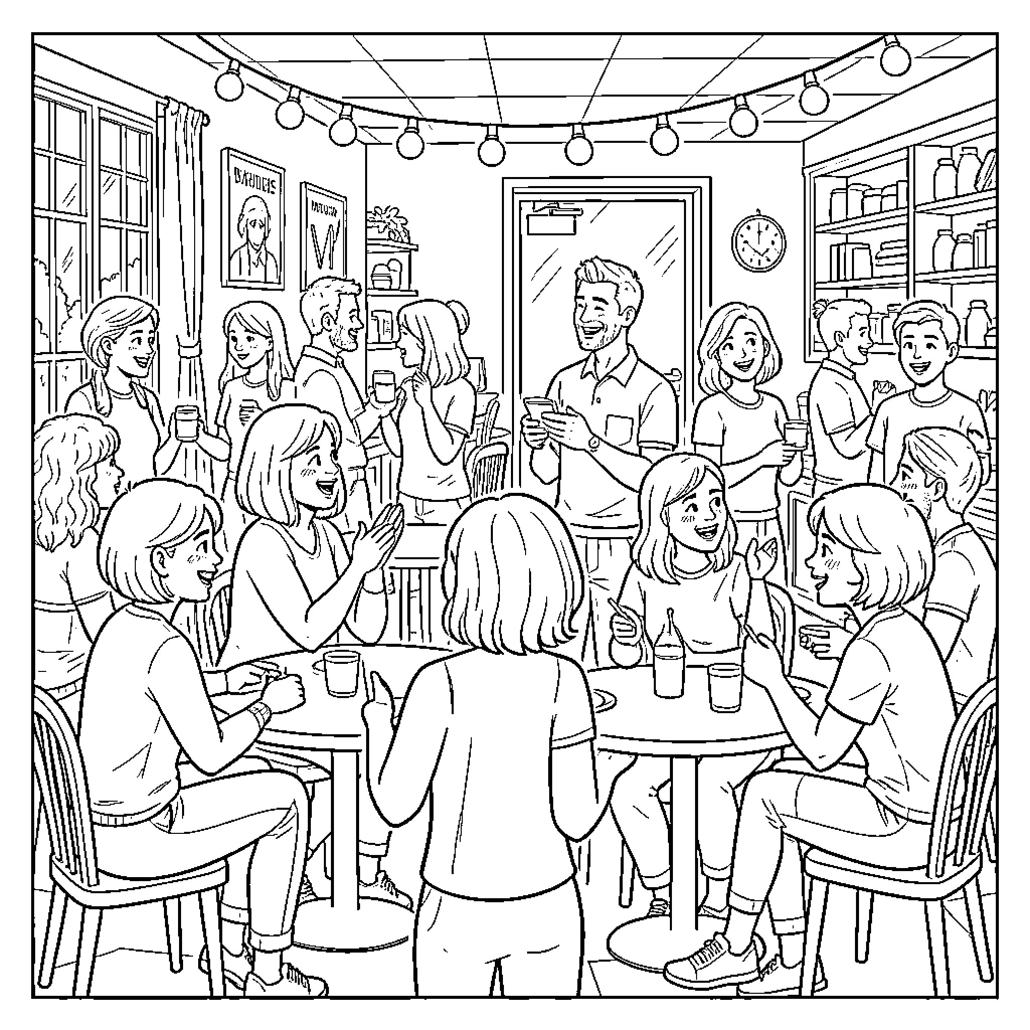 Kep group of friends laughing and chatting at a party Coloring Page (free black-and-white line drawing printable PDF for all, from beginners to advanced learners, including children, teens, adults, and seniors)
