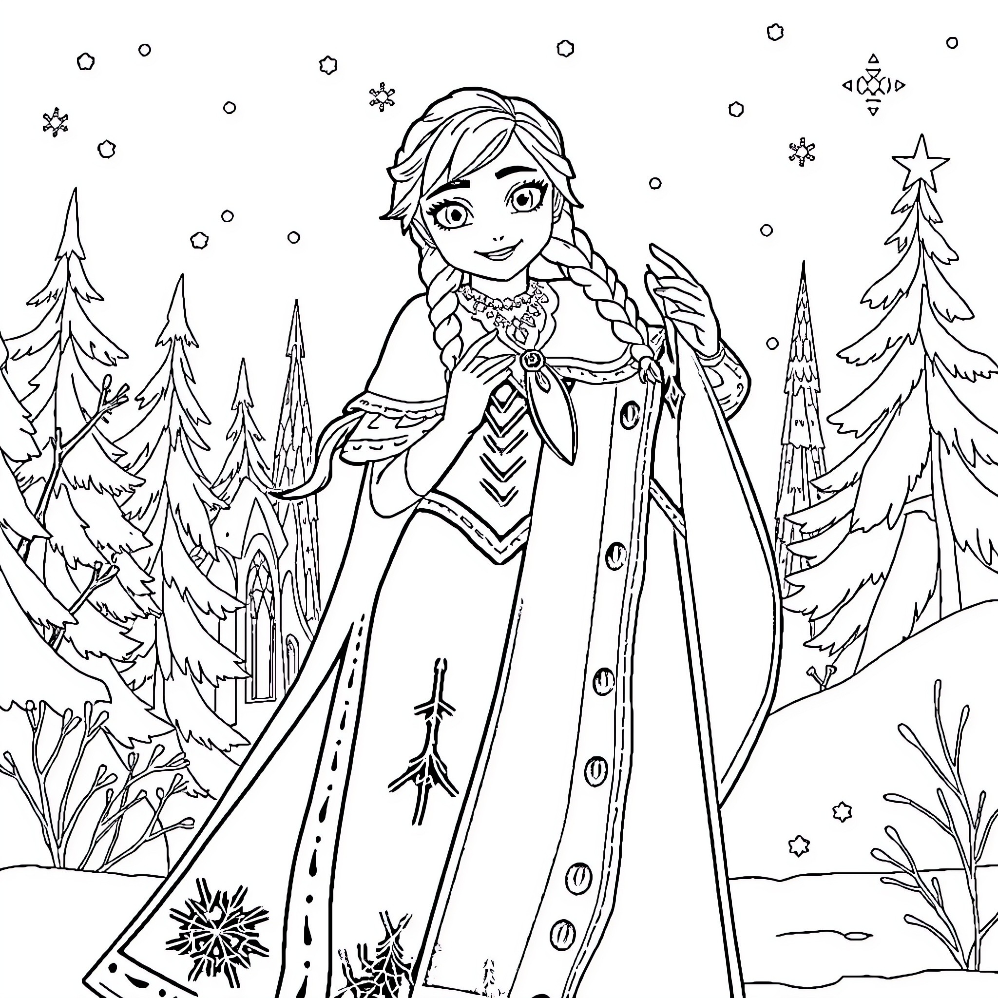 Queen's Winter Wonderland Adventure Coloring Page (free black-and-white line drawing printable PDF for all, from beginners to advanced learners, including children, teens, adults, and seniors)