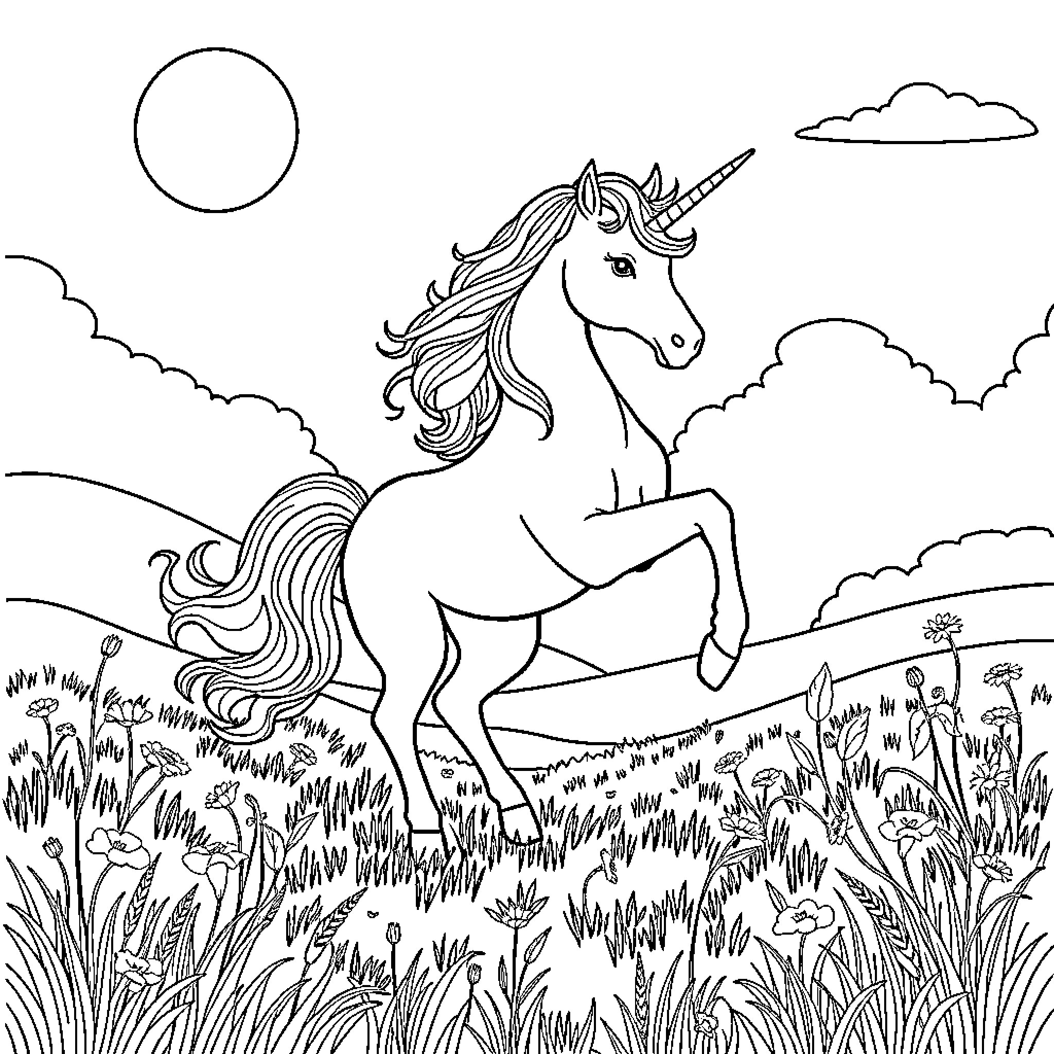 Unicorn galloping through a magical meadow Coloring Page (free black-and-white line drawing printable PDF for all, from beginners to advanced learners, including children, teens, adults, and seniors)