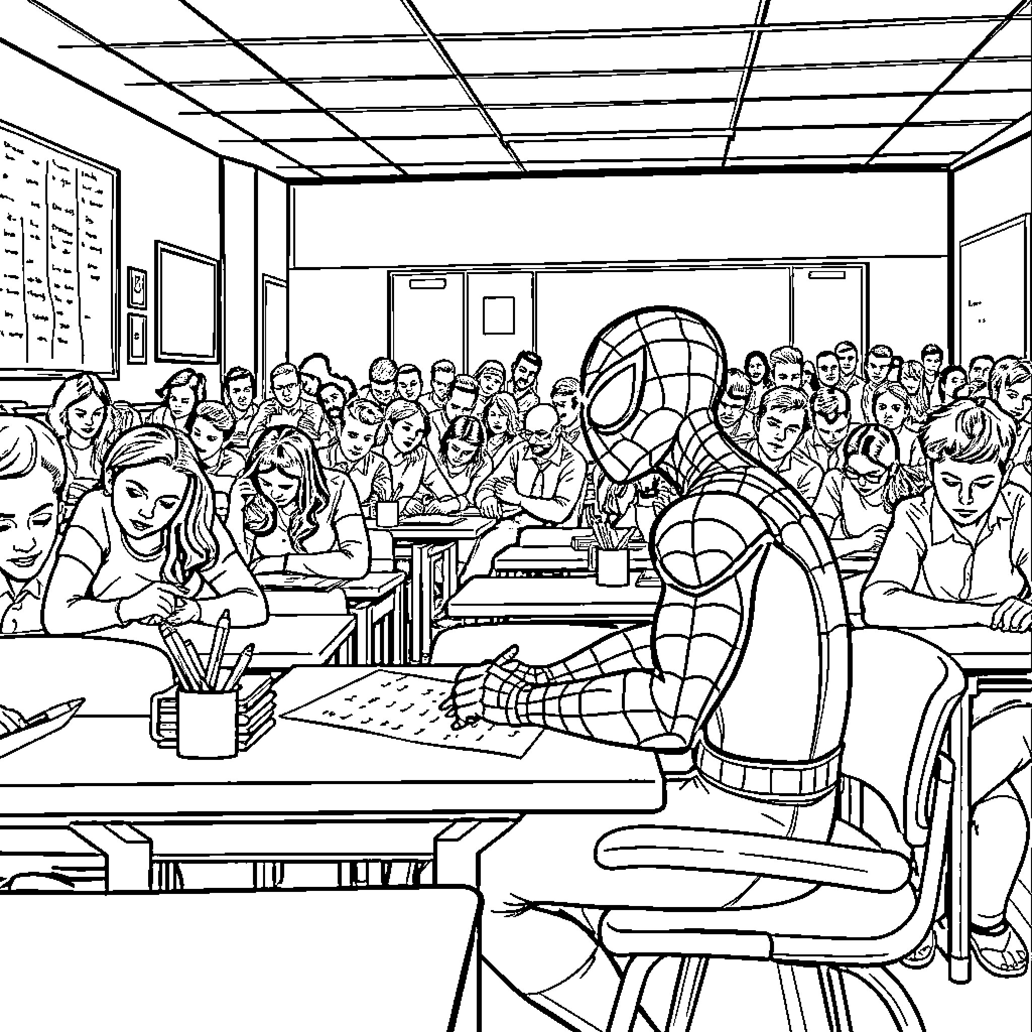 Spiderman Interacting with Classroom of Students Coloring Page (free black-and-white line drawing printable PDF for all, from beginners to advanced learners, including children, teens, adults, and seniors)