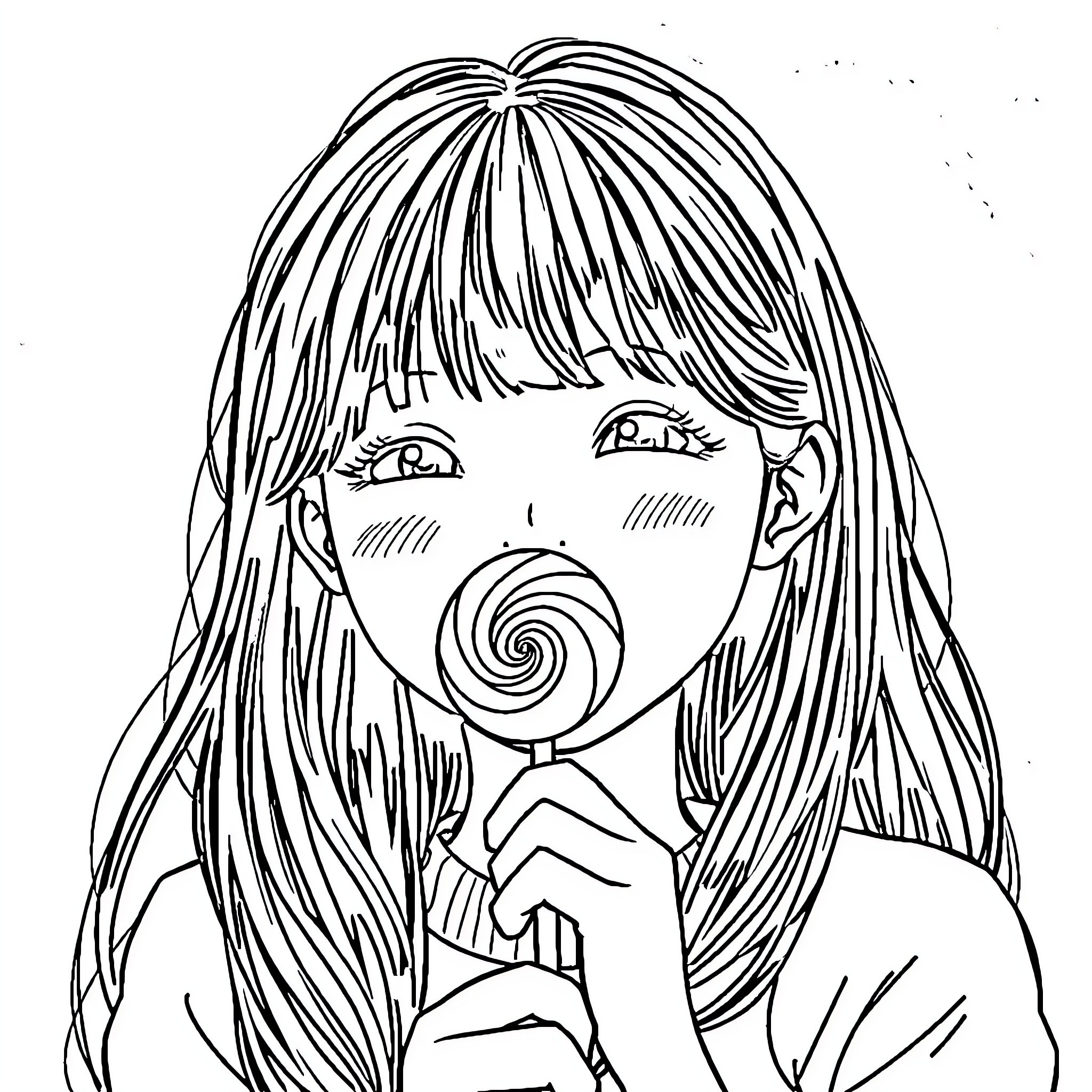 Girl Enjoying Lollipop with Whimsical Expression Coloring Page (free black-and-white line drawing printable PDF for all, from beginners to advanced learners, including children, teens, adults, and seniors)