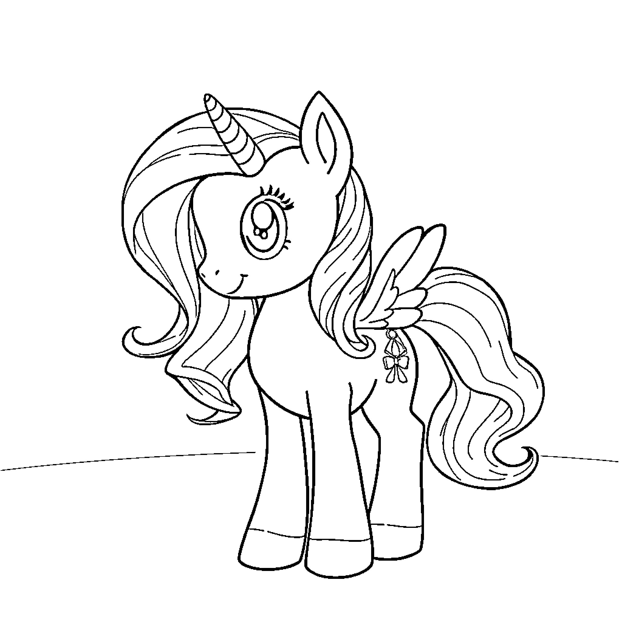 Pony with unicorn horn and butterfly wings Coloring Page (free black-and-white line drawing printable PDF for all, from beginners to advanced learners, including children, teens, adults, and seniors)
