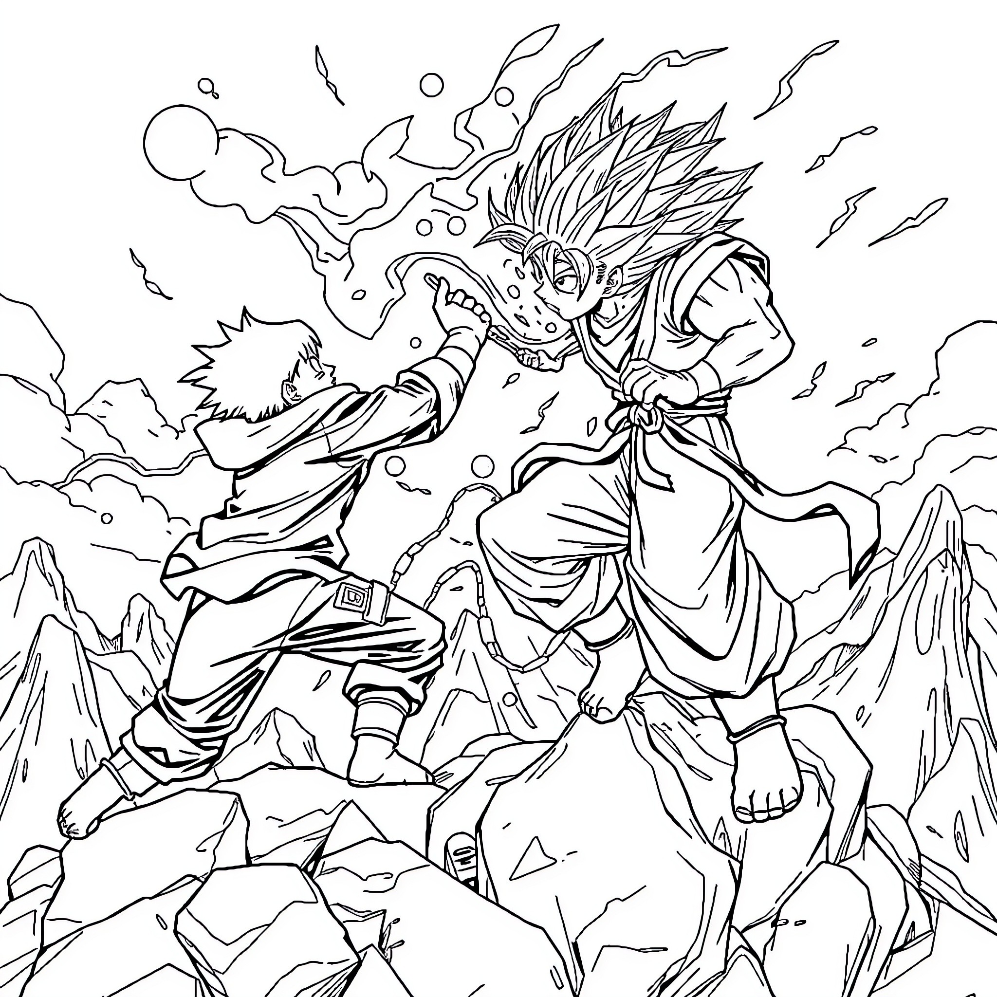 Naruto Unleashing Powerful Energy Amid Mountainous Terrain Coloring Page (free black-and-white line drawing printable PDF for all, from beginners to advanced learners, including children, teens, adults, and seniors)