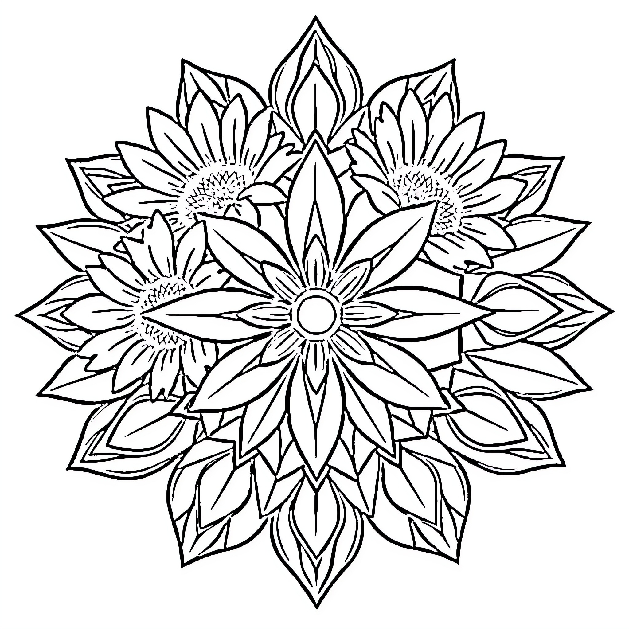 Sunflower Mandala Sketch Coloring Page (free black-and-white line drawing printable PDF for all, from beginners to advanced learners, including children, teens, adults, and seniors)