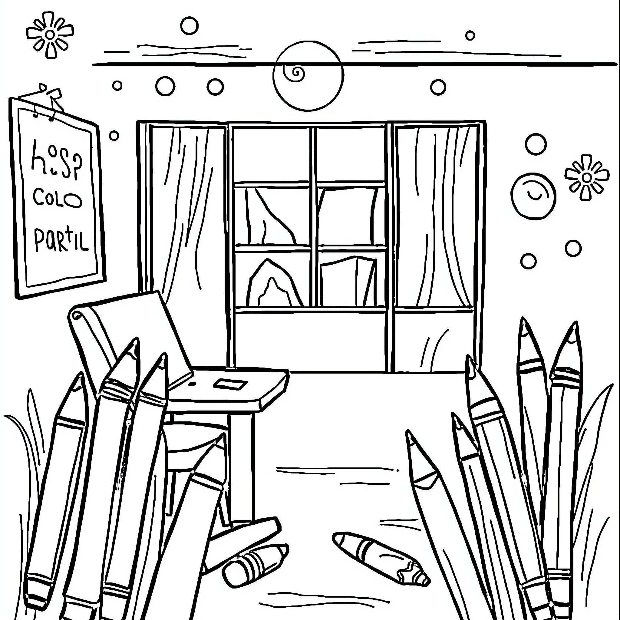School Supplies in a Creative Classroom Coloring Page (free black-and-white line drawing printable PDF for all, from beginners to advanced learners, including children, teens, adults, and seniors)