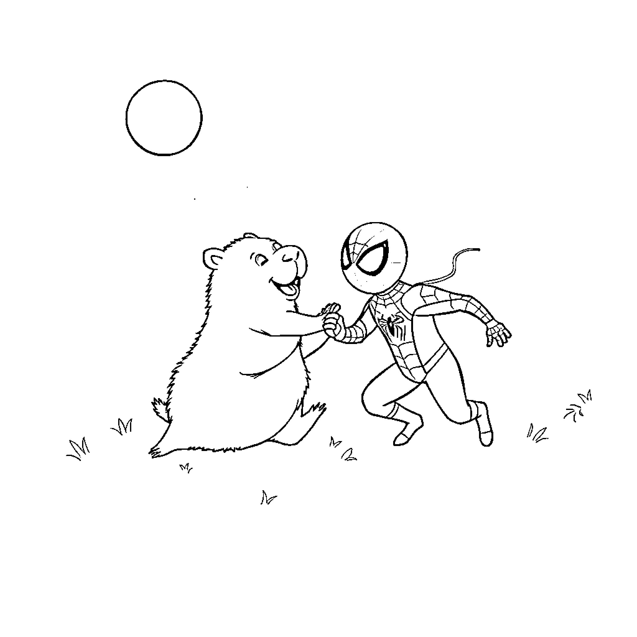 Capybara befriends friendly superhero character Coloring Page (free black-and-white line drawing printable PDF for all, from beginners to advanced learners, including children, teens, adults, and seniors)