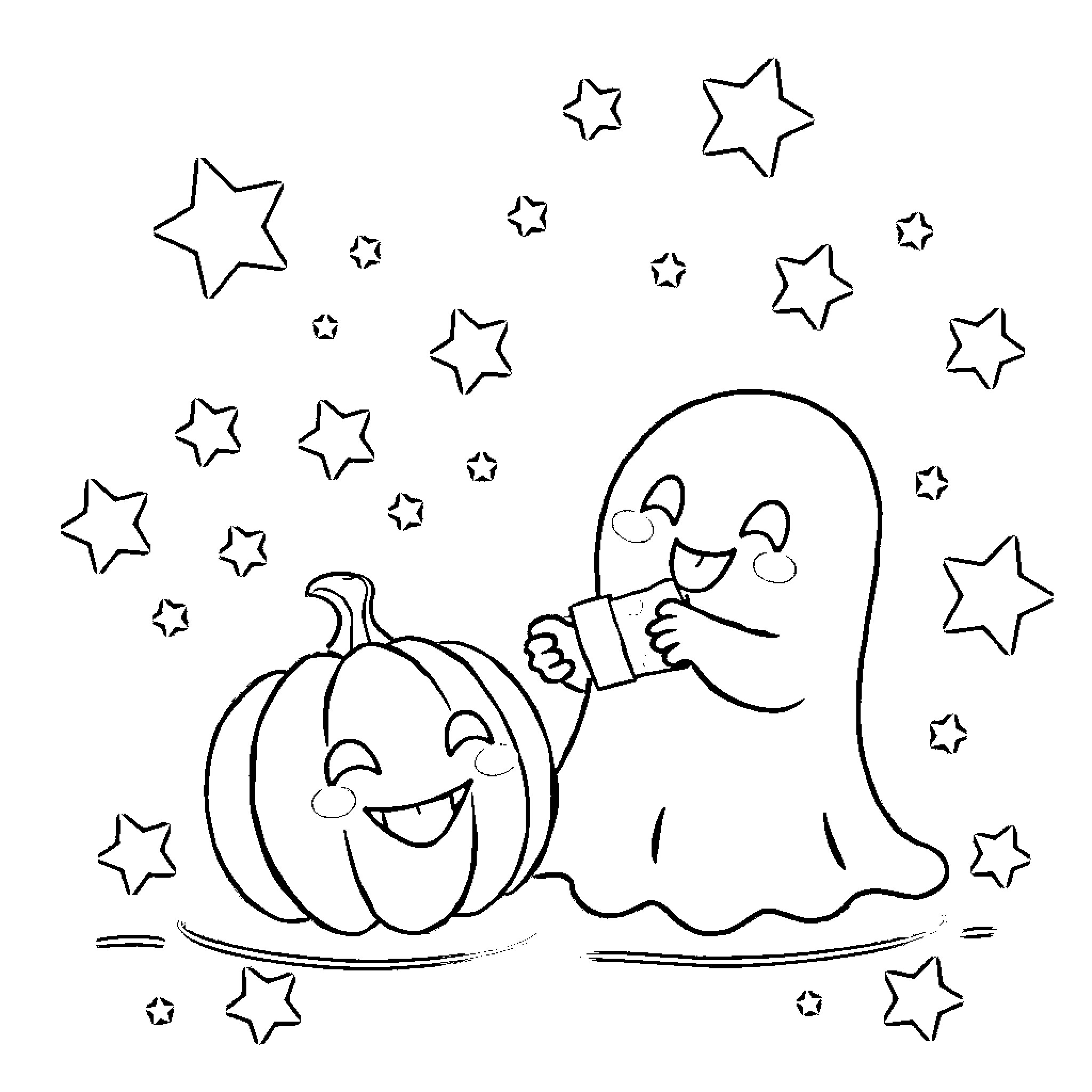 Ghost playing with pumpkin under starry sky Coloring Page (free black-and-white line drawing printable PDF for all, from beginners to advanced learners, including children, teens, adults, and seniors)