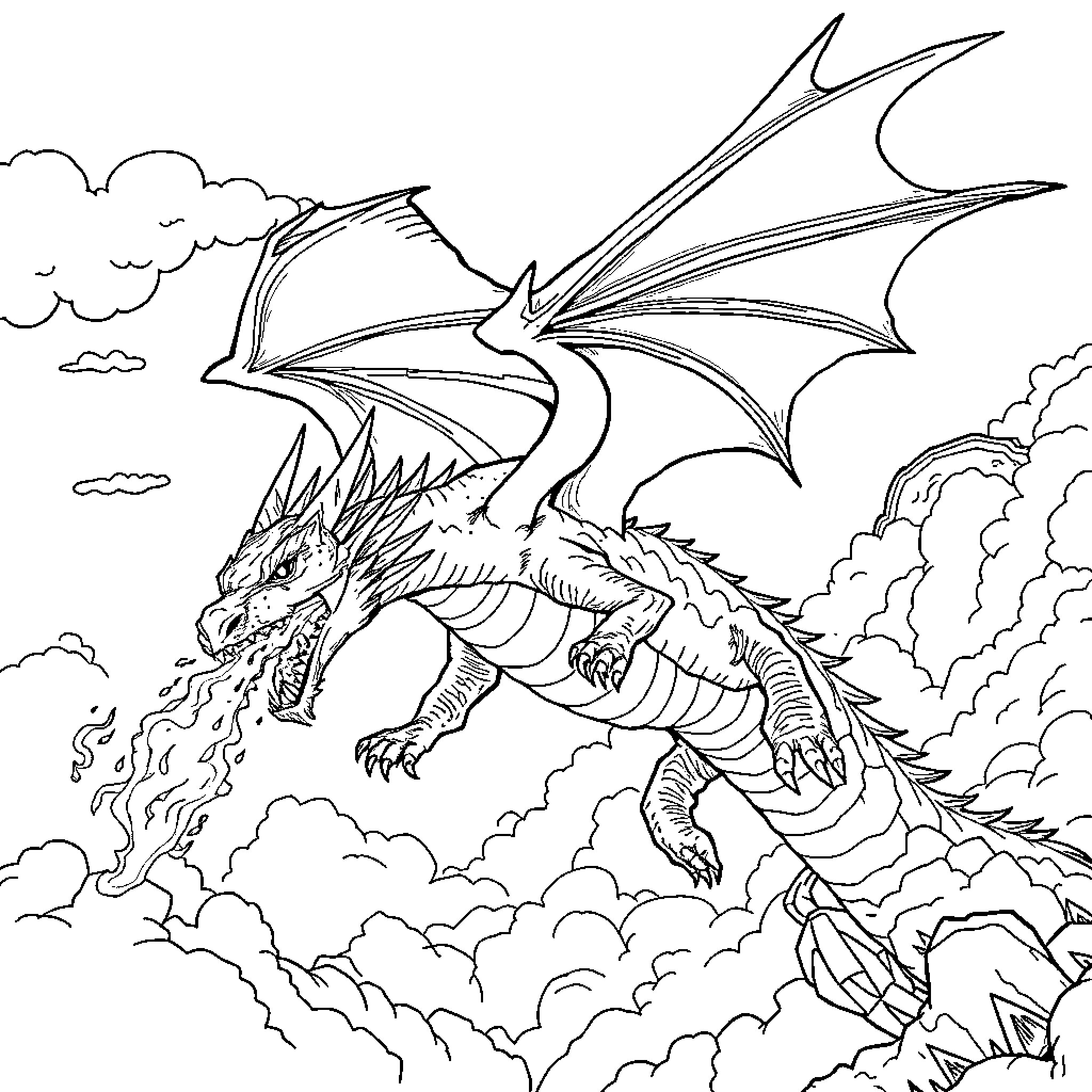 Dragon soaring through the cloudy skies Coloring Page (free black-and-white line drawing printable PDF for all, from beginners to advanced learners, including children, teens, adults, and seniors)