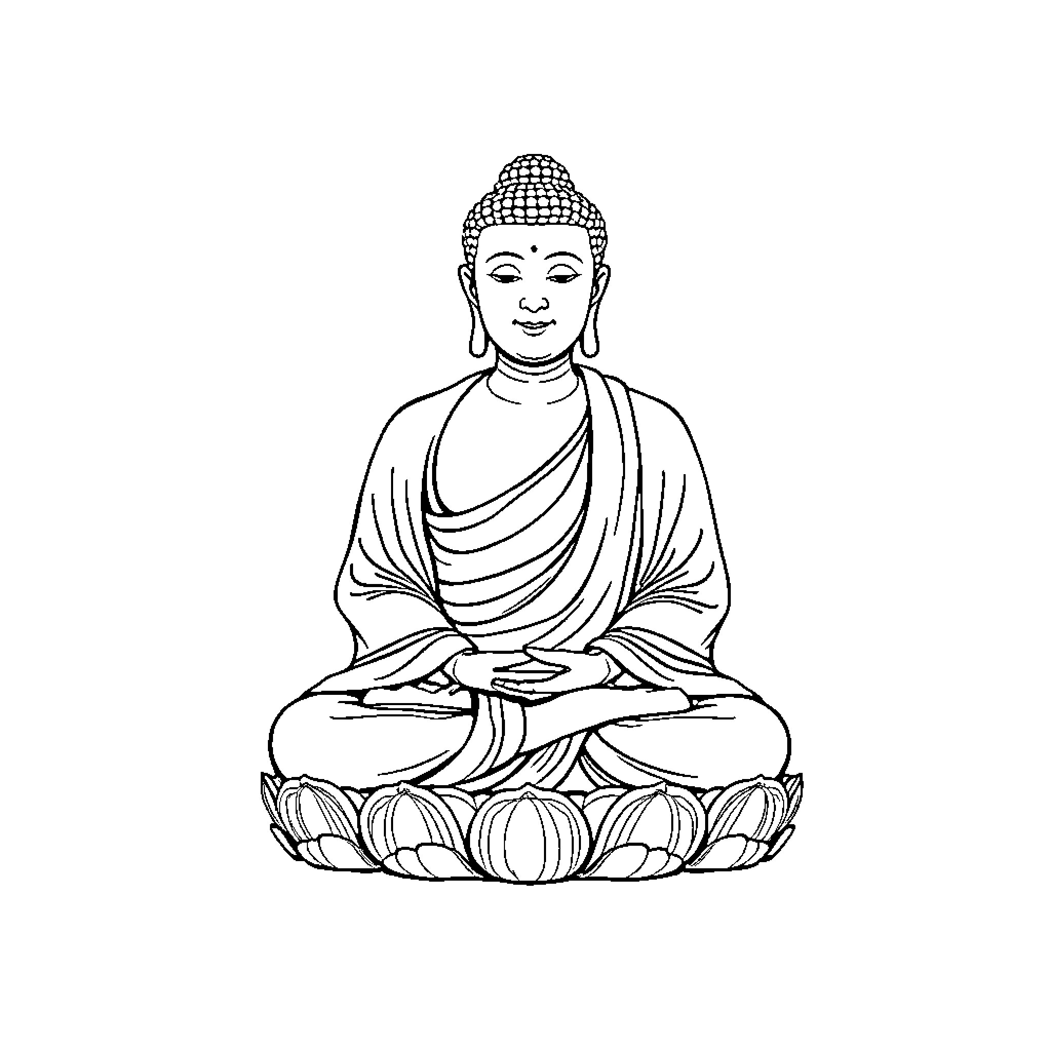 Buddha seated in meditation on lotus flower Coloring Page (free black-and-white line drawing printable PDF for all, from beginners to advanced learners, including children, teens, adults, and seniors)