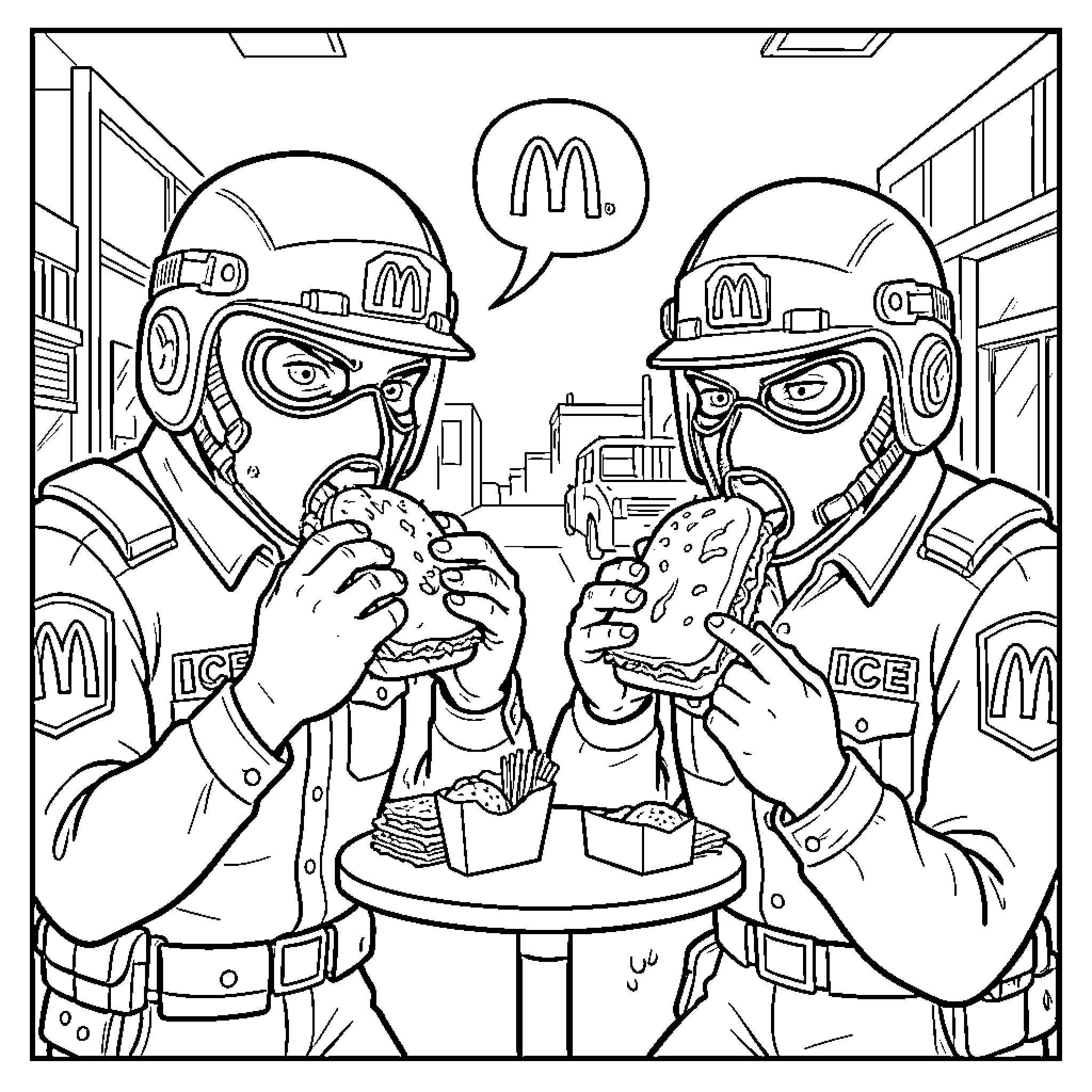 Ice Agent Agents Enjoying Fast Food Snack Break Coloring Page (free black-and-white line drawing printable PDF for all, from beginners to advanced learners, including children, teens, adults, and seniors)