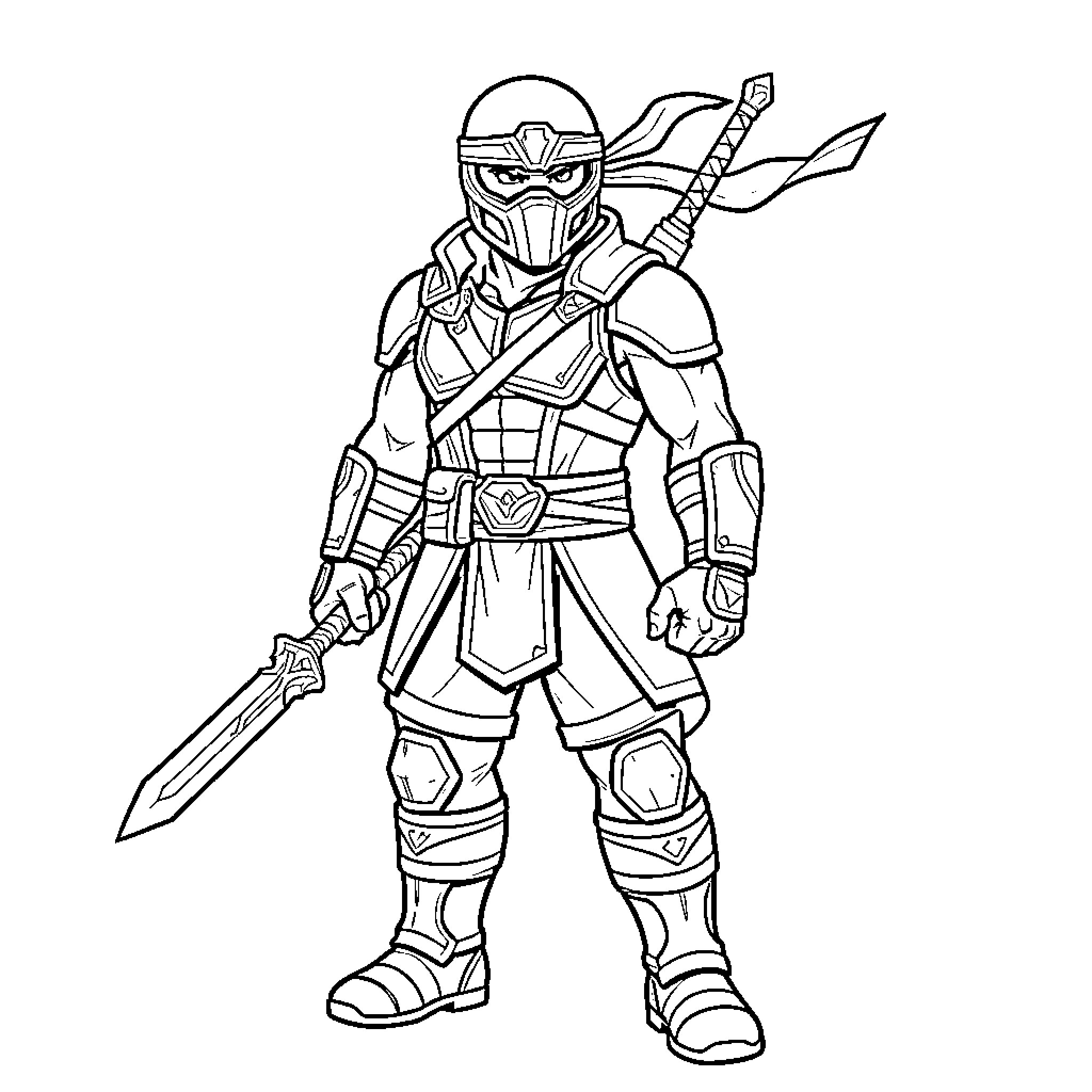 Jay standing heroically in warrior armor with a sword Coloring Page (free black-and-white line drawing printable PDF for all, from beginners to advanced learners, including children, teens, adults, and seniors)