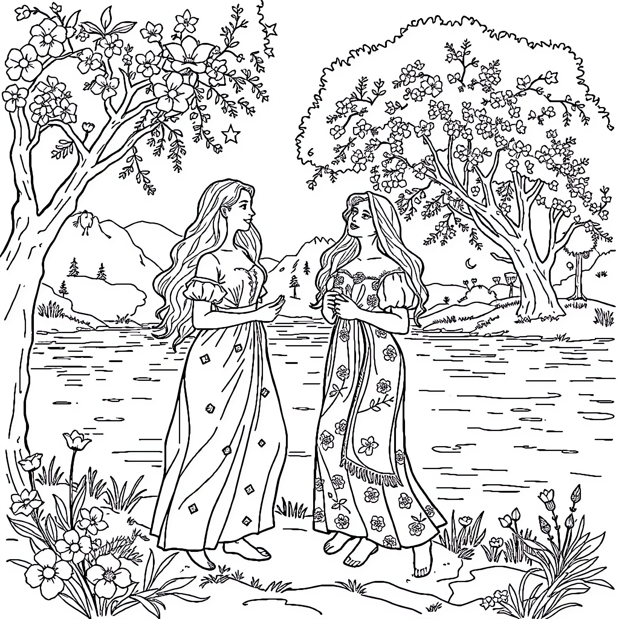 Women enjoying floral scenery in nature Coloring Page (free black-and-white line drawing printable PDF for all, from beginners to advanced learners, including children, teens, adults, and seniors)