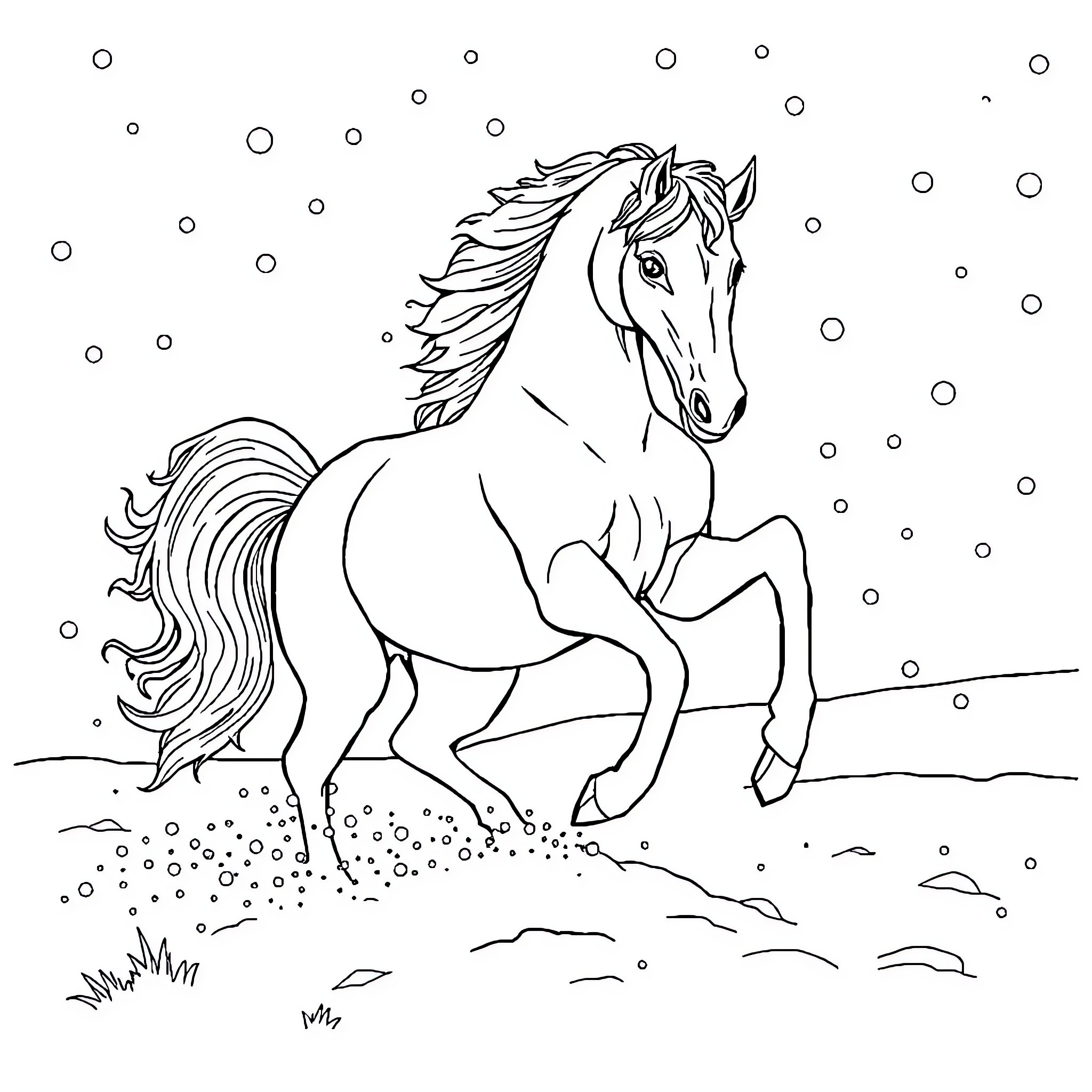 Horse galloping through the snowy landscape Coloring Page (free black-and-white line drawing printable PDF for all, from beginners to advanced learners, including children, teens, adults, and seniors)