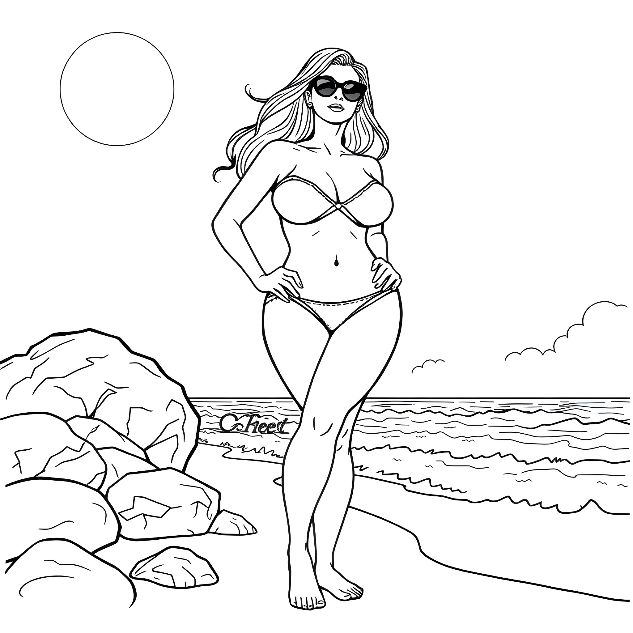 Woman in swimsuit posing on the beach Coloring Page (free black-and-white line drawing printable PDF for all, from beginners to advanced learners, including children, teens, adults, and seniors)