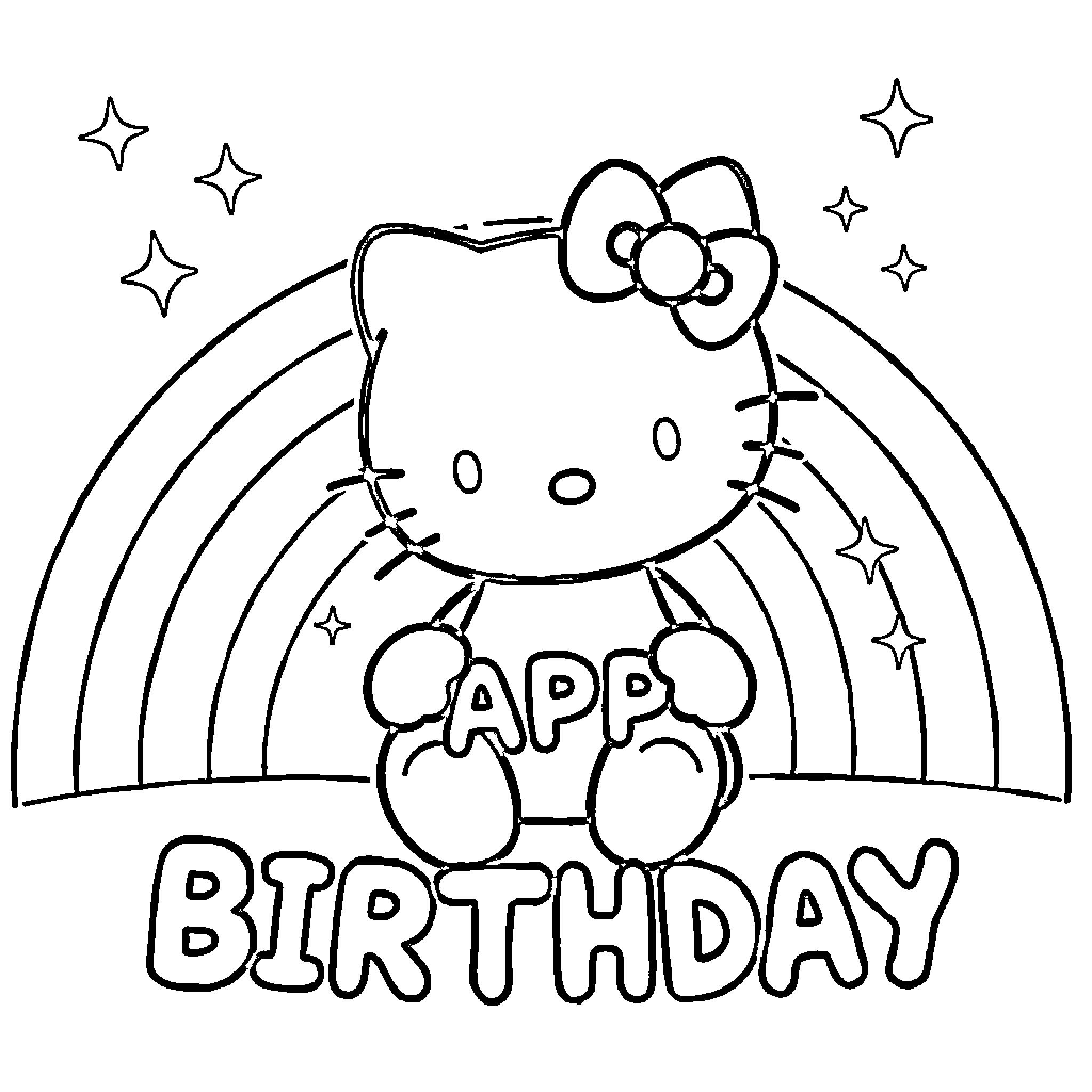 Hello Kitty celebrating a happy birthday Coloring Page (free black-and-white line drawing printable PDF for all, from beginners to advanced learners, including children, teens, adults, and seniors)