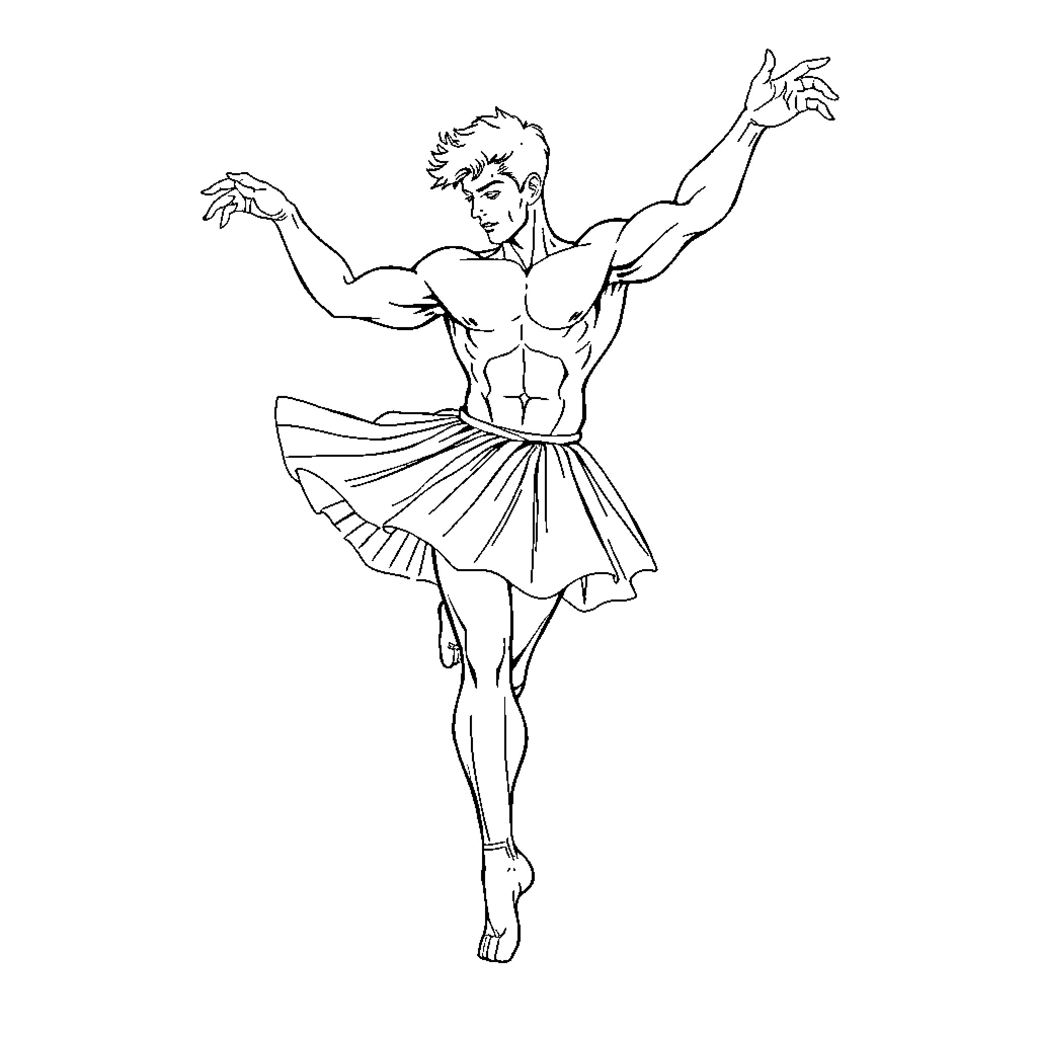 Heman the Muscular Dancer in Flowing Outfit Coloring Page (free black-and-white line drawing printable PDF for all, from beginners to advanced learners, including children, teens, adults, and seniors)