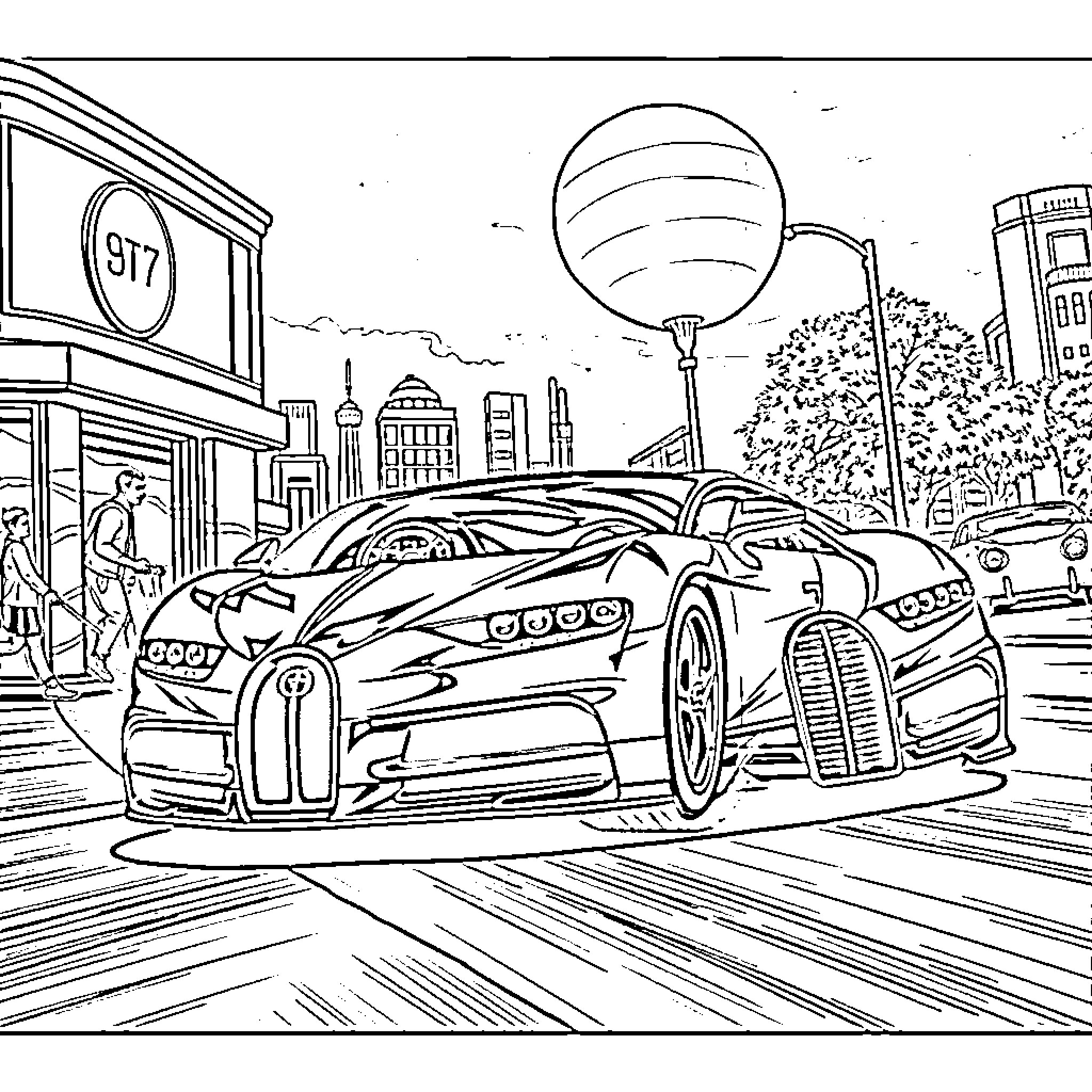 Bugatti speeding through city streets Coloring Page (free black-and-white line drawing printable PDF for all, from beginners to advanced learners, including children, teens, adults, and seniors)