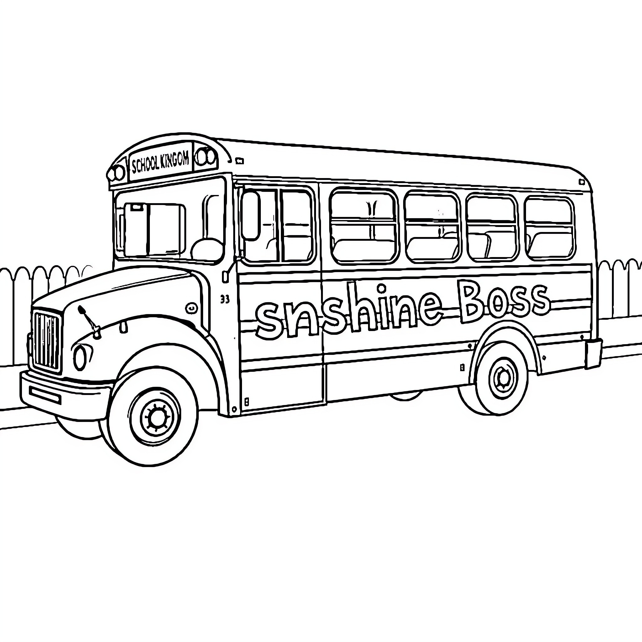 School Bus with 'Sunshine Boss' text Coloring Page (free black-and-white line drawing printable PDF for all, from beginners to advanced learners, including children, teens, adults, and seniors)