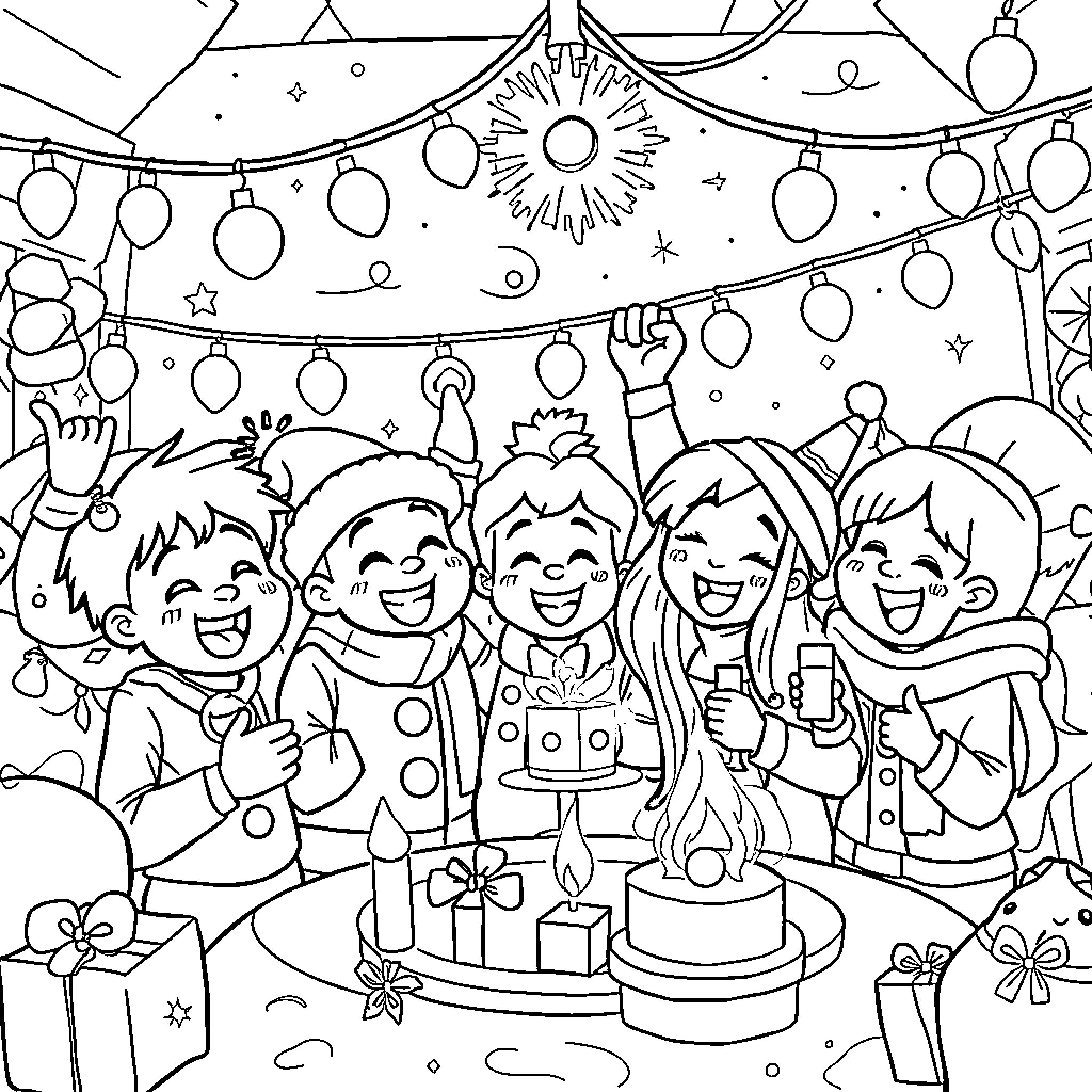 BT21 Characters Celebrate Birthday Party with Decorations Coloring Page (free black-and-white line drawing printable PDF for all, from beginners to advanced learners, including children, teens, adults, and seniors)