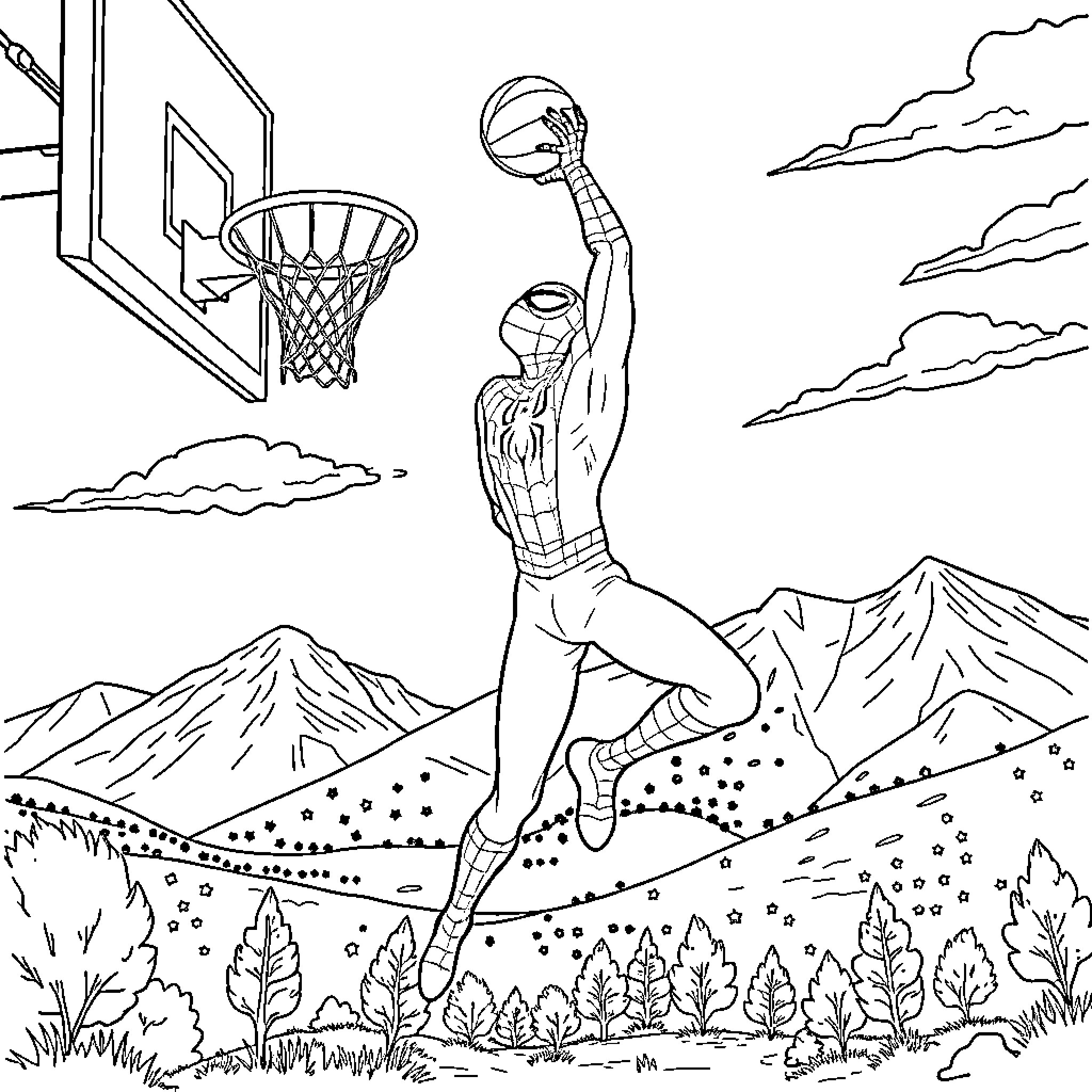 Spiderman shooting hoops in the mountains Coloring Page (free black-and-white line drawing printable PDF for all, from beginners to advanced learners, including children, teens, adults, and seniors)