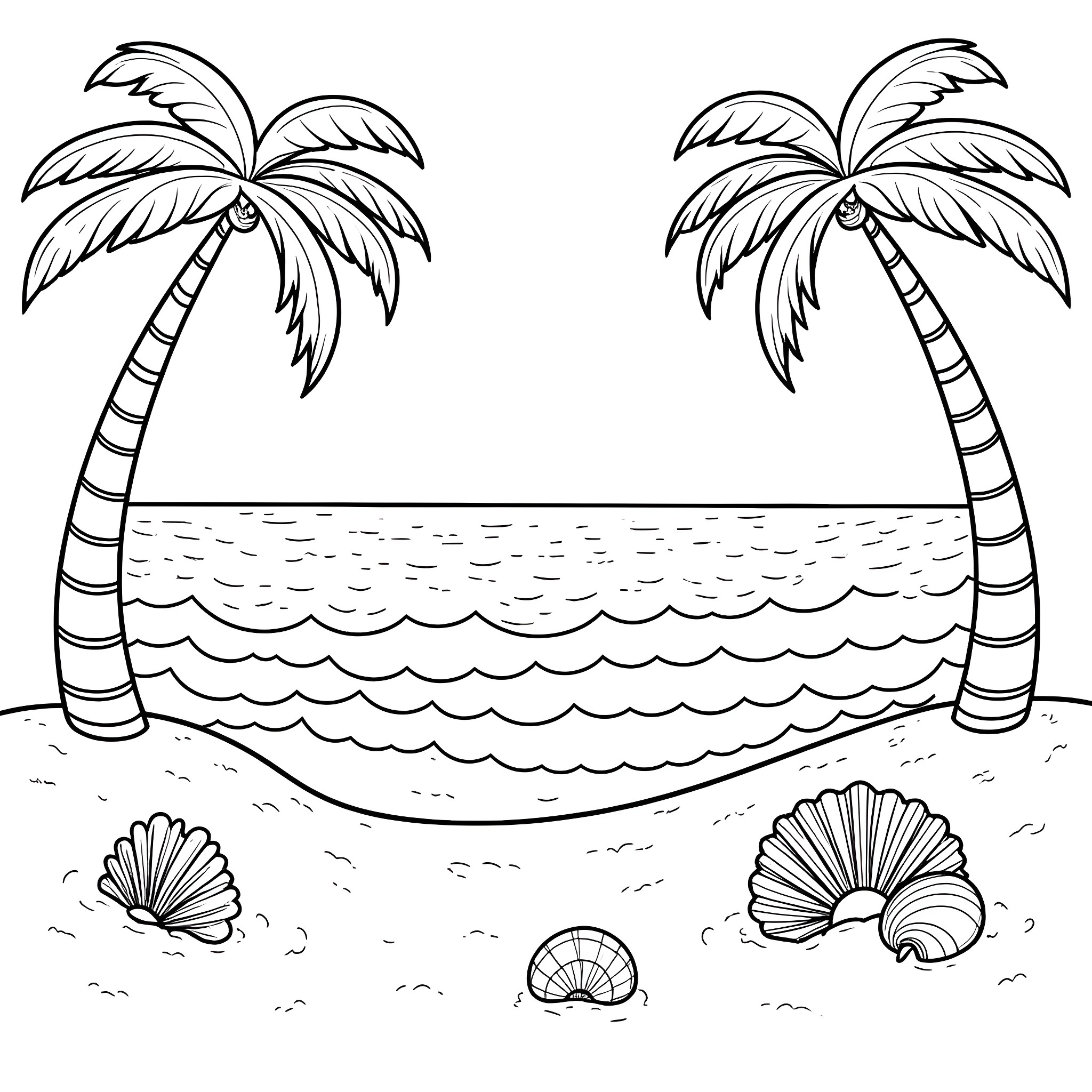 Dandy Tropical Beach Scene with Palm Trees Coloring Page (free black-and-white line drawing printable PDF for all, from beginners to advanced learners, including children, teens, adults, and seniors)