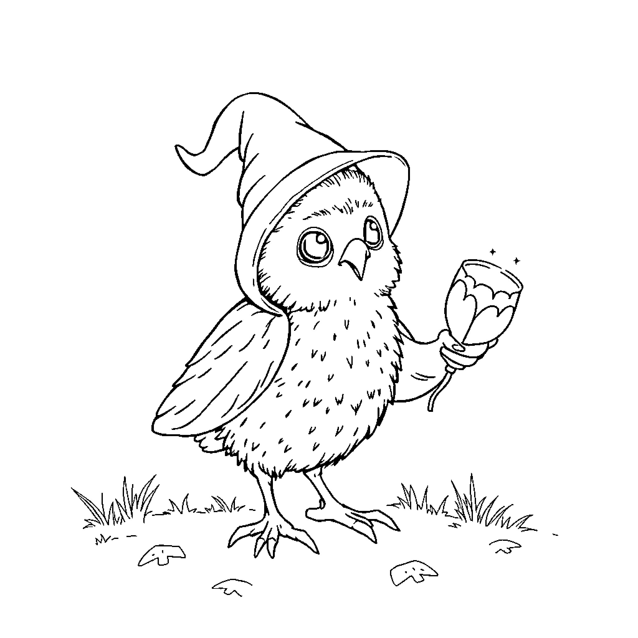 Igel the Enchanted Owl Holding a Magical Flower Coloring Page (free black-and-white line drawing printable PDF for all, from beginners to advanced learners, including children, teens, adults, and seniors)