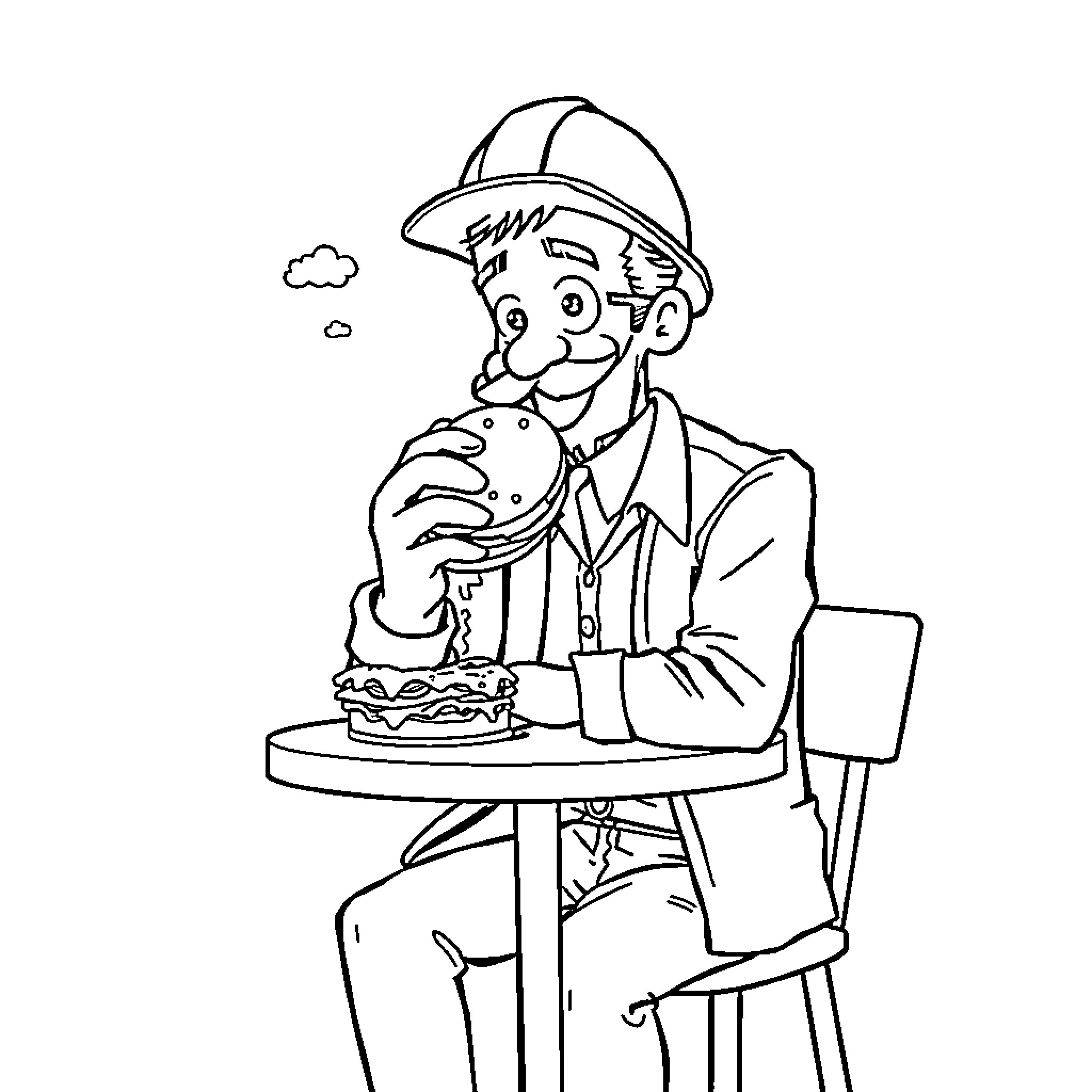 Architect enjoying a snack while working Coloring Page (free black-and-white line drawing printable PDF for all, from beginners to advanced learners, including children, teens, adults, and seniors)