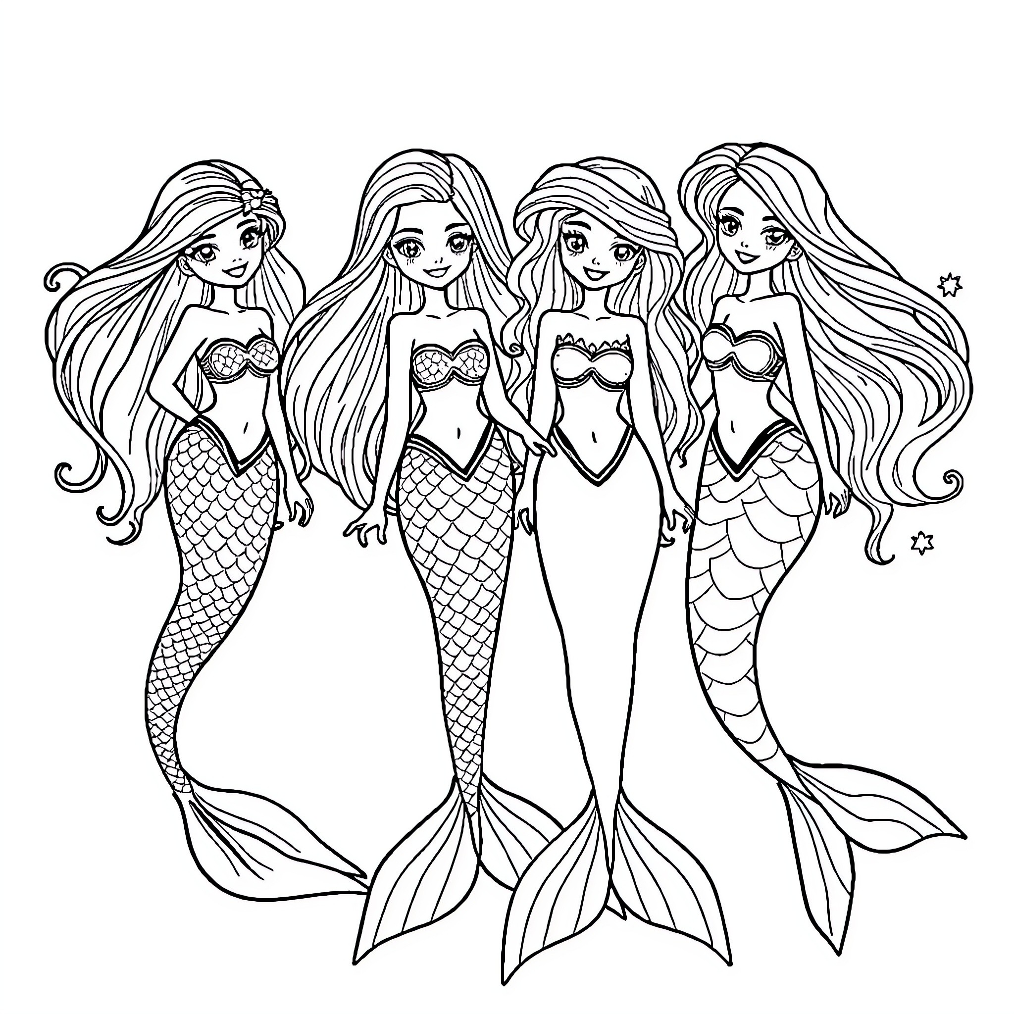 Mermaid friends enjoying the ocean together Coloring Page (free black-and-white line drawing printable PDF for all, from beginners to advanced learners, including children, teens, adults, and seniors)