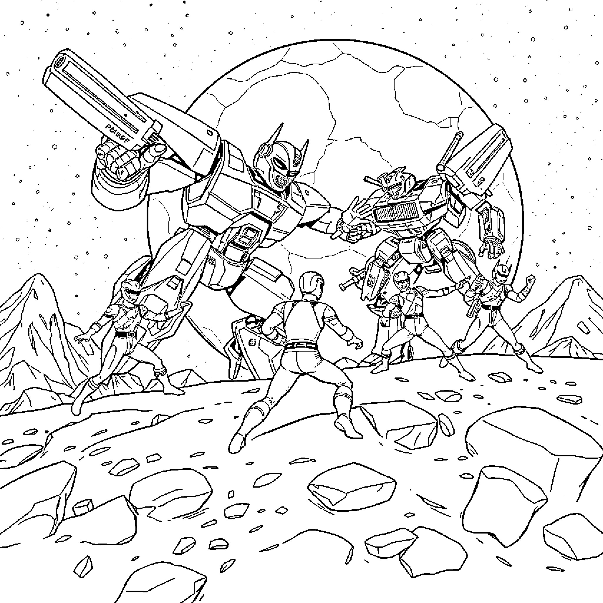 Power Rangers battle giant robots in alien landscape Coloring Page (free black-and-white line drawing printable PDF for all, from beginners to advanced learners, including children, teens, adults, and seniors)