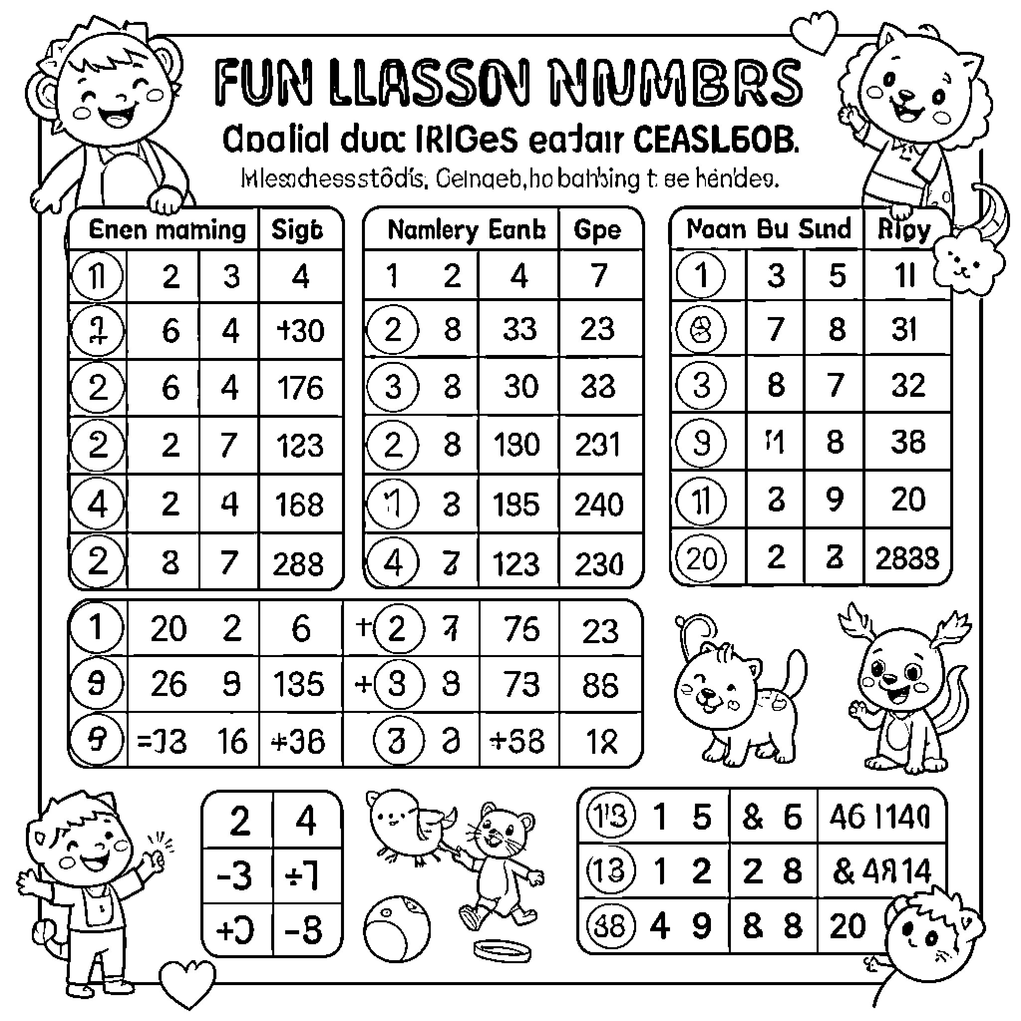 Number Fun Lesson Numbers with Illustrations Coloring Page (free black-and-white line drawing printable PDF for all, from beginners to advanced learners, including children, teens, adults, and seniors)