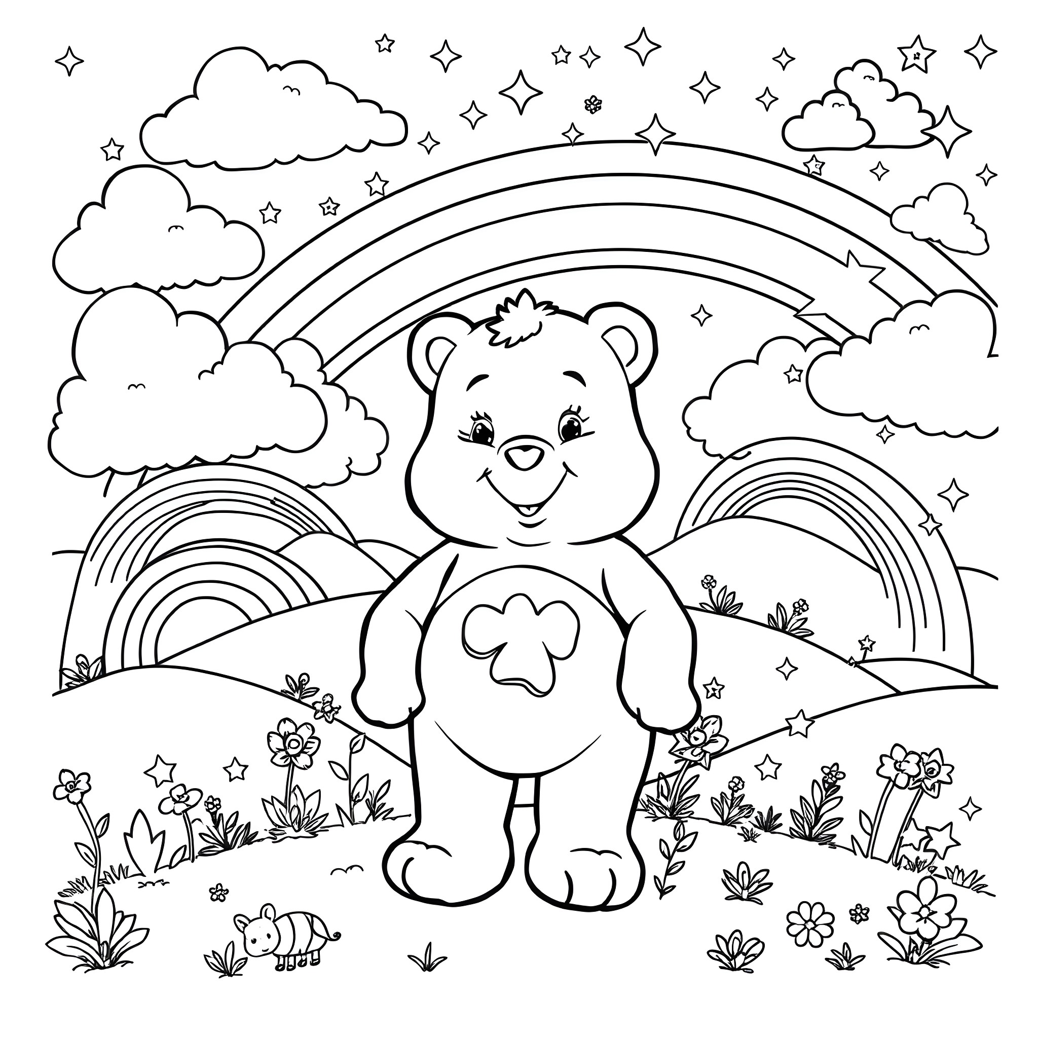 Carebear enjoying a scenic rainbow landscape Coloring Page (free black-and-white line drawing printable PDF for all, from beginners to advanced learners, including children, teens, adults, and seniors)