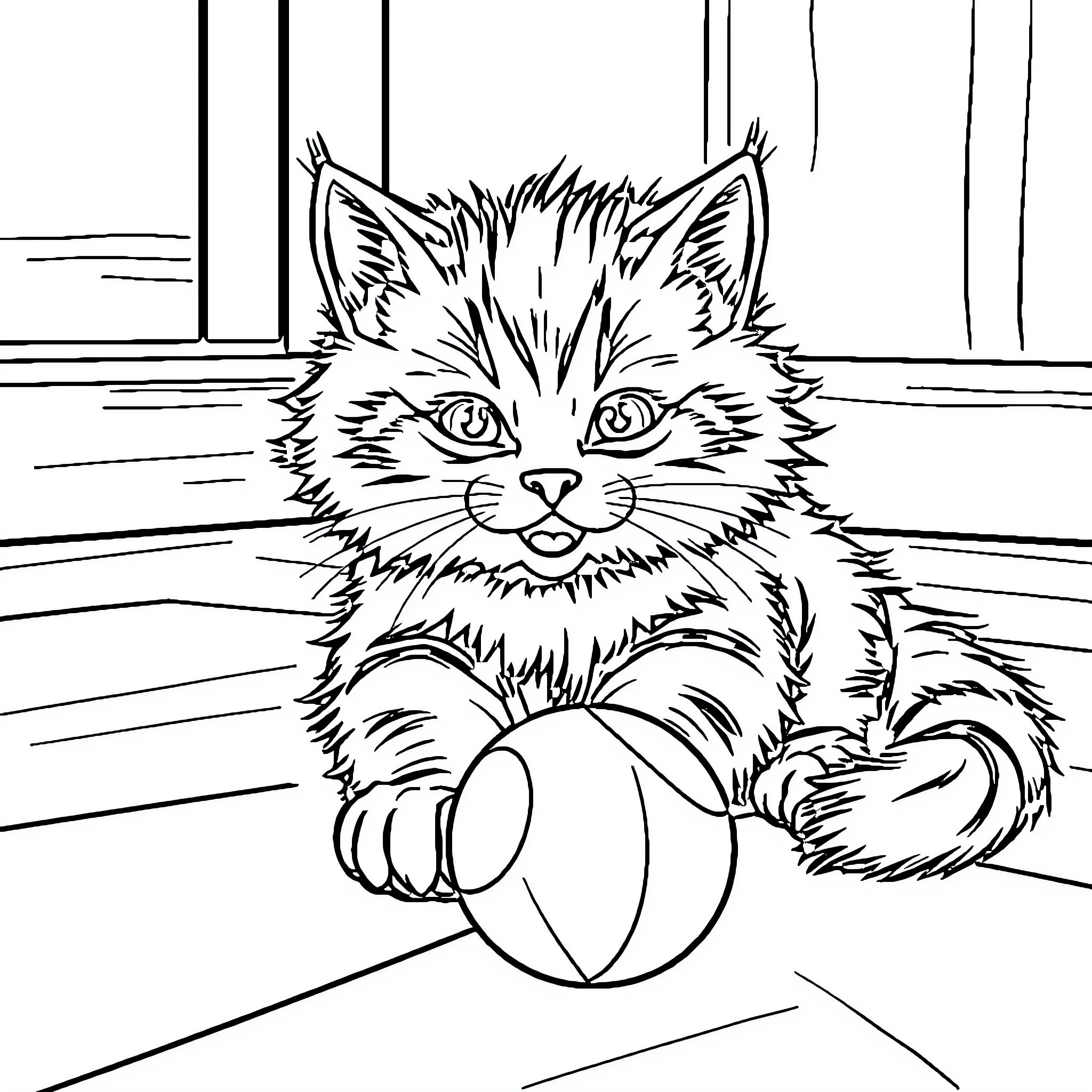 Cat playing with a ball Coloring Page (free black-and-white line drawing printable PDF for all, from beginners to advanced learners, including children, teens, adults, and seniors)