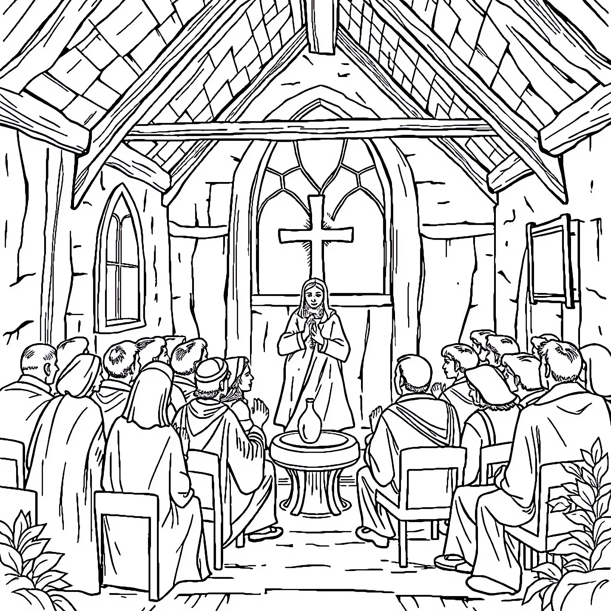Church gathering with people in worship Coloring Page (free black-and-white line drawing printable PDF for all, from beginners to advanced learners, including children, teens, adults, and seniors)