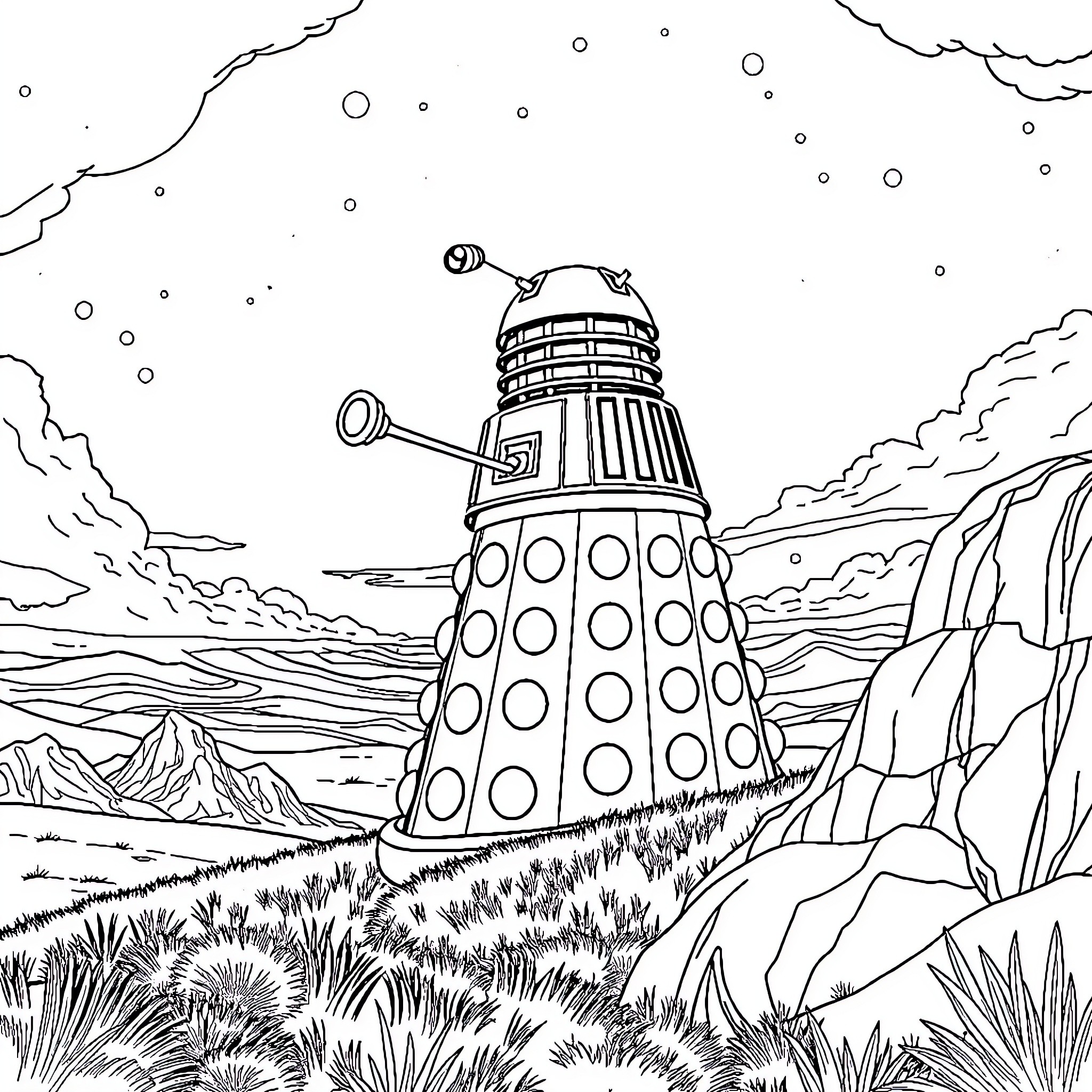 Dalek commanding across alien landscape Coloring Page (free black-and-white line drawing printable PDF for all, from beginners to advanced learners, including children, teens, adults, and seniors)