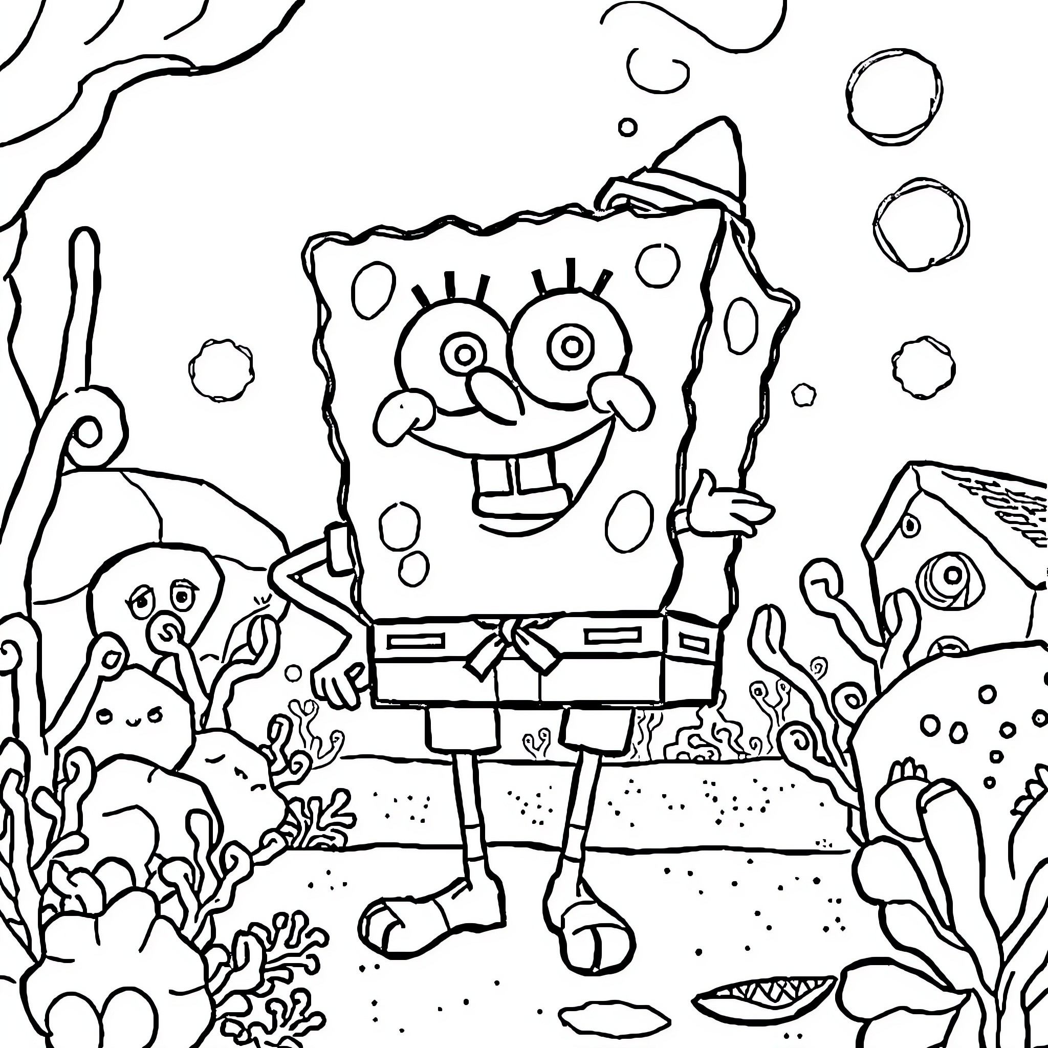 Spongebob smiling and surrounded by underwater creatures Coloring Page (free black-and-white line drawing printable PDF for all, from beginners to advanced learners, including children, teens, adults, and seniors)