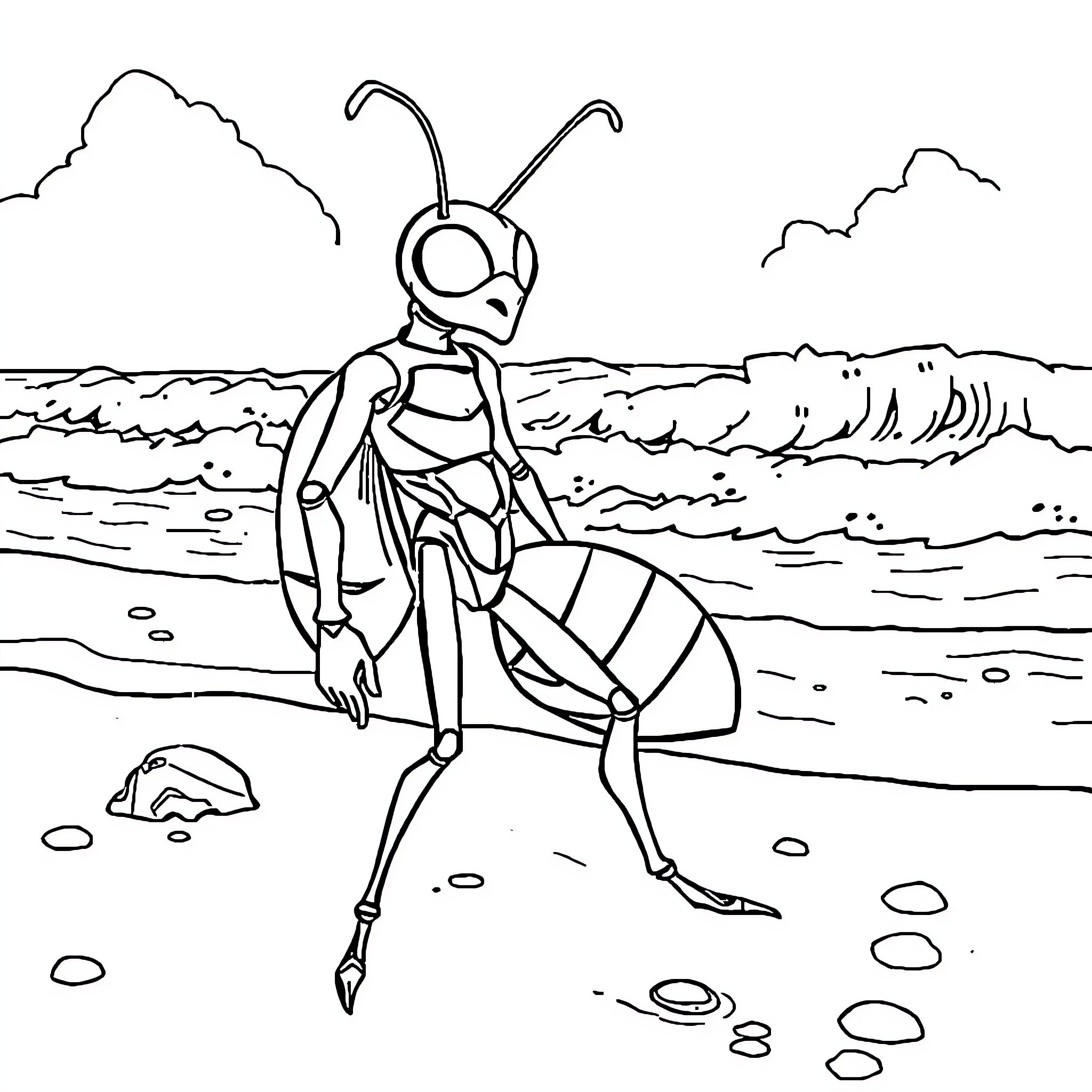 Antman exploring the beach environment Coloring Page (free black-and-white line drawing printable PDF for all, from beginners to advanced learners, including children, teens, adults, and seniors)