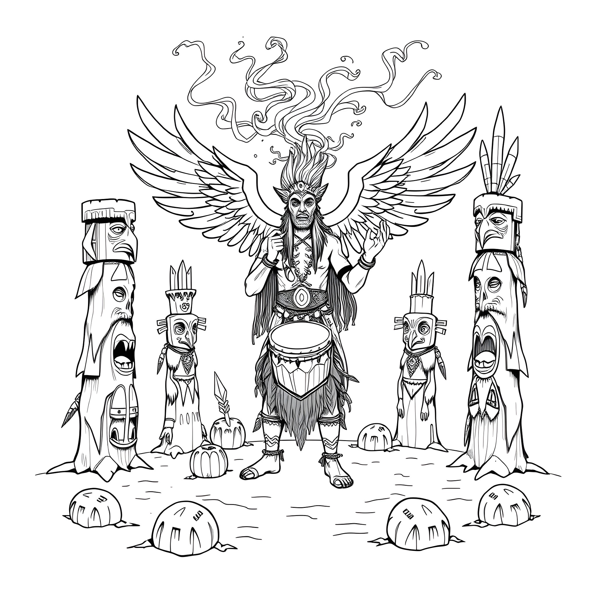 Shaman casting ritual amid mystical totems and symbols Coloring Page (free black-and-white line drawing printable PDF for all, from beginners to advanced learners, including children, teens, adults, and seniors)