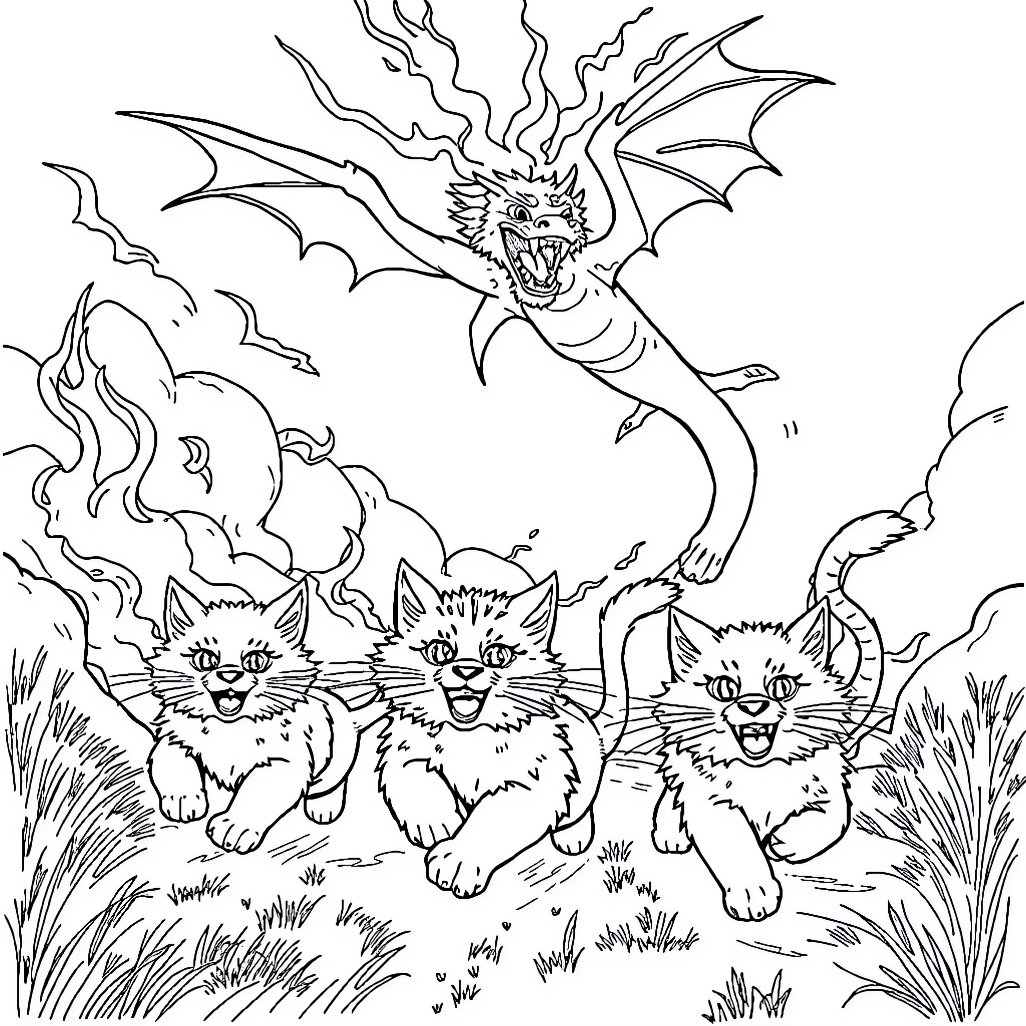 Cat dragons and kittens in a fiery scene Coloring Page (free black-and-white line drawing printable PDF for all, from beginners to advanced learners, including children, teens, adults, and seniors)