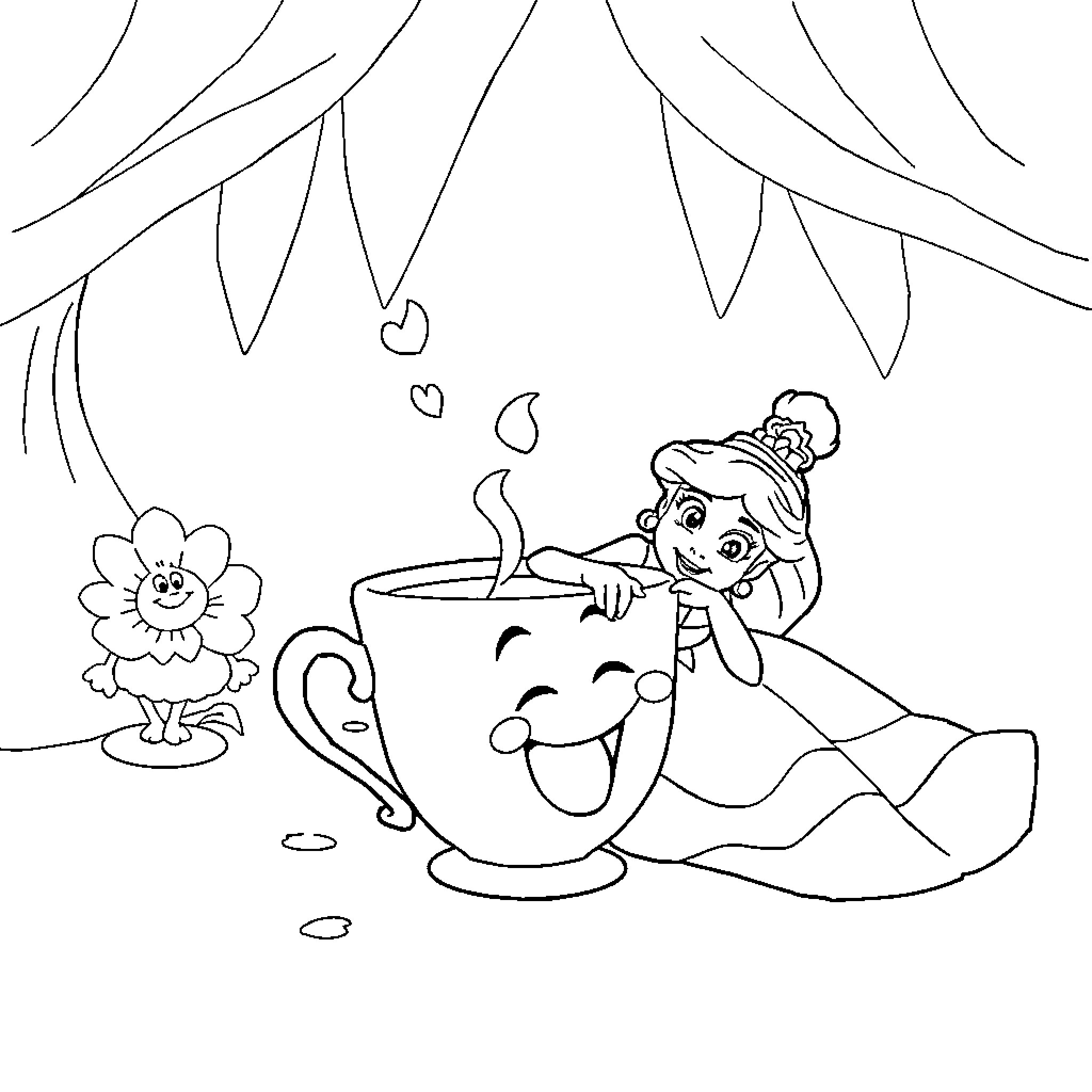 Princess enjoying a warm beverage in a cozy setting Coloring Page (free black-and-white line drawing printable PDF for all, from beginners to advanced learners, including children, teens, adults, and seniors)