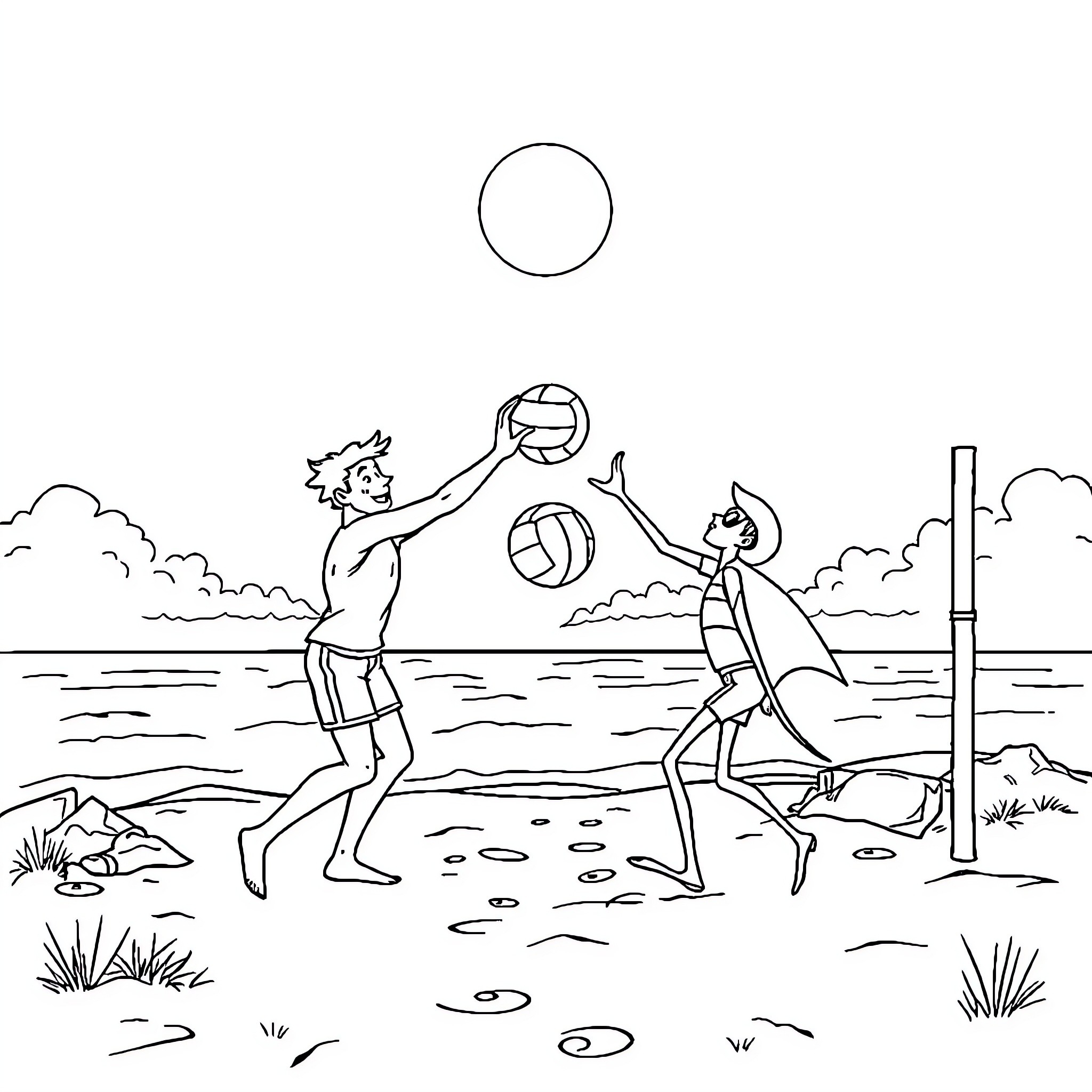 Barman playing beach volleyball with friends Coloring Page (free black-and-white line drawing printable PDF for all, from beginners to advanced learners, including children, teens, adults, and seniors)