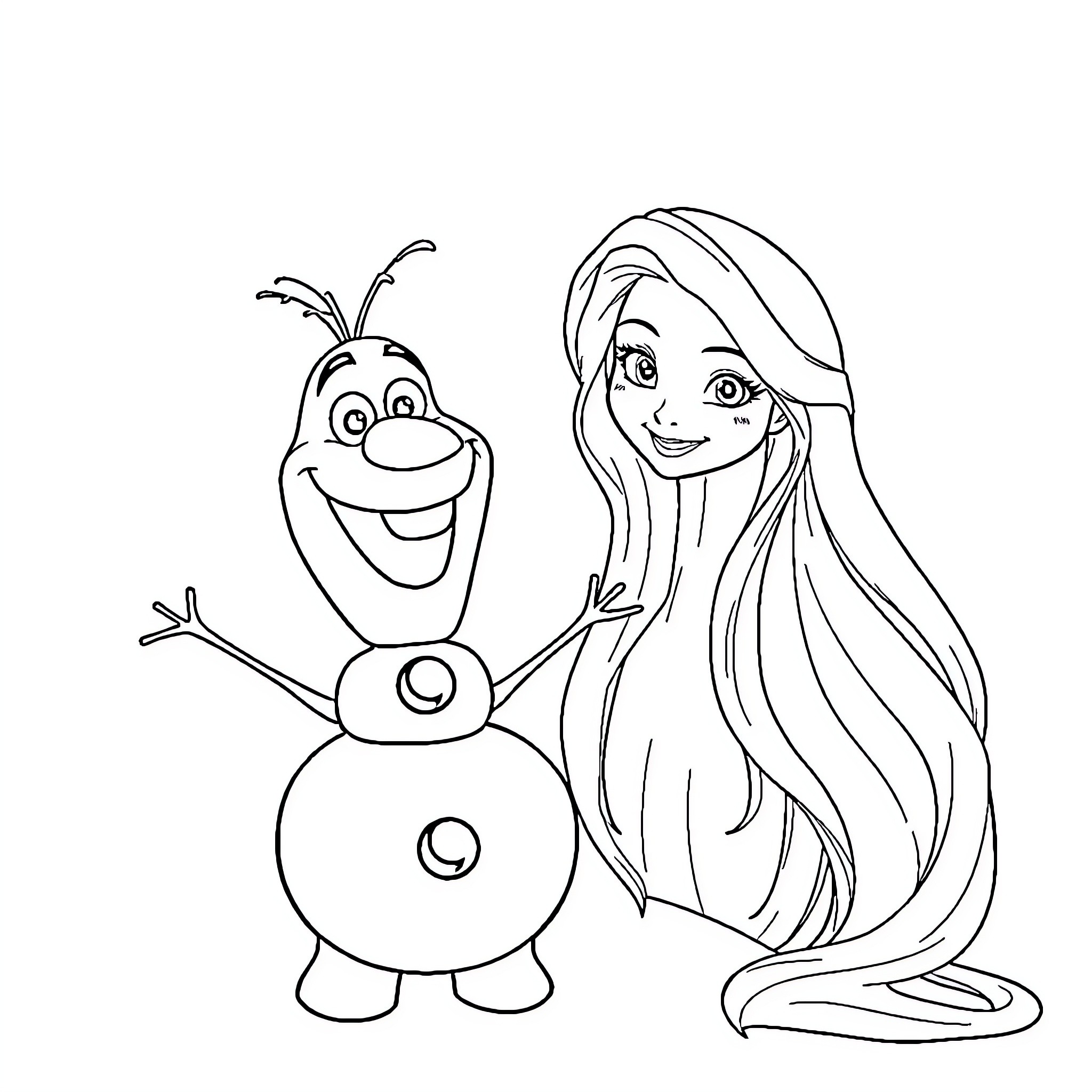 Olaf and Rapunzel share a joyful moment Coloring Page (free black-and-white line drawing printable PDF for all, from beginners to advanced learners, including children, teens, adults, and seniors)
